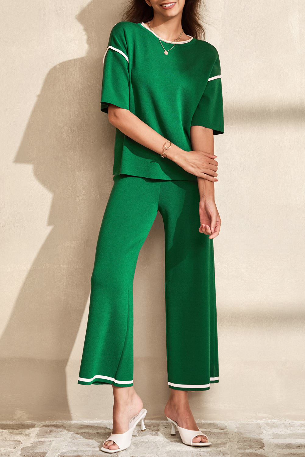 Blackish Green Contrast Trim Half Sleeve Top Drawstring Pants Loose 2pcs Sweater Suit - loveforevers