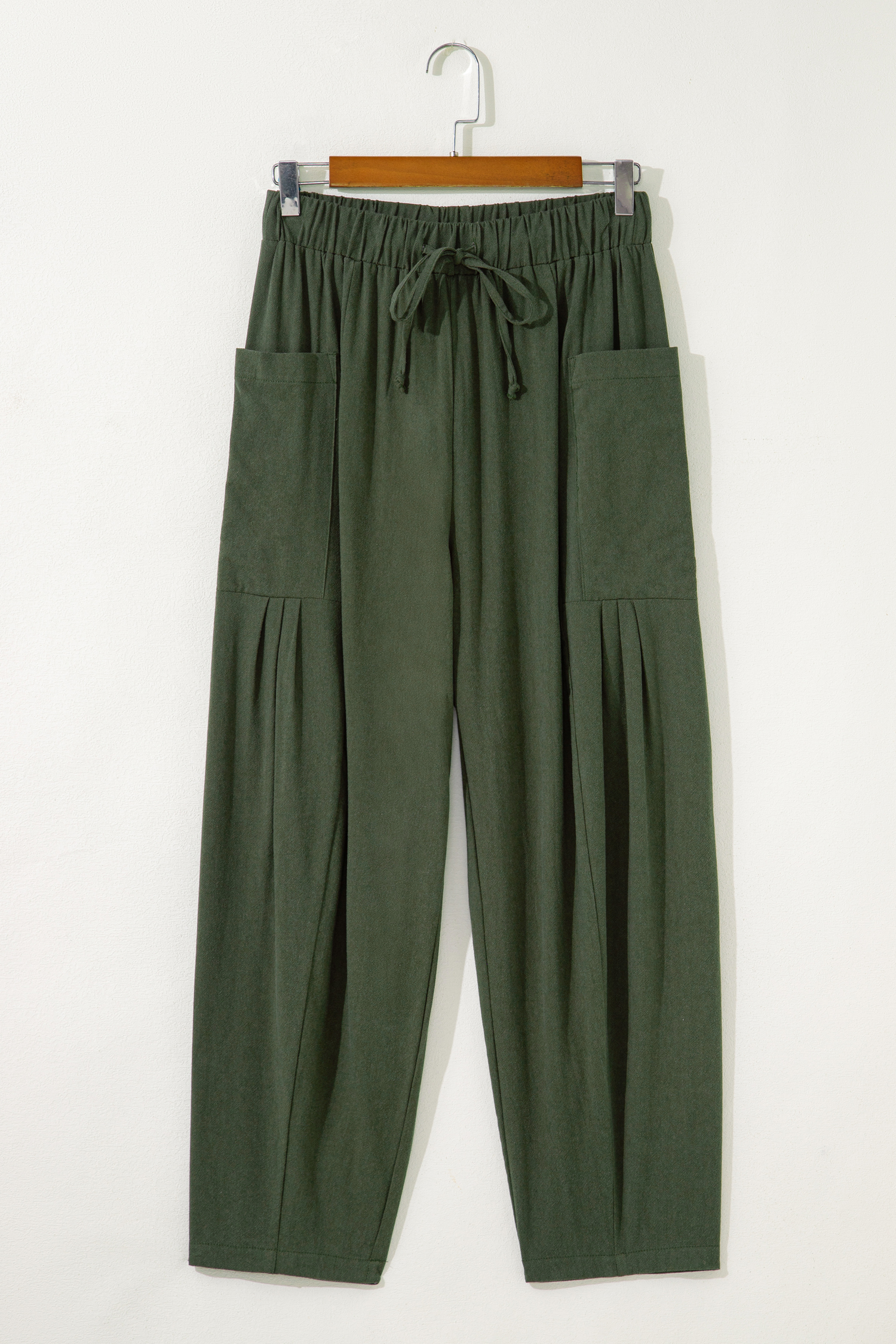 Black Drawstring Elastic Waist Patch Pocket Barrel Leg Casual Pants - loveforevers