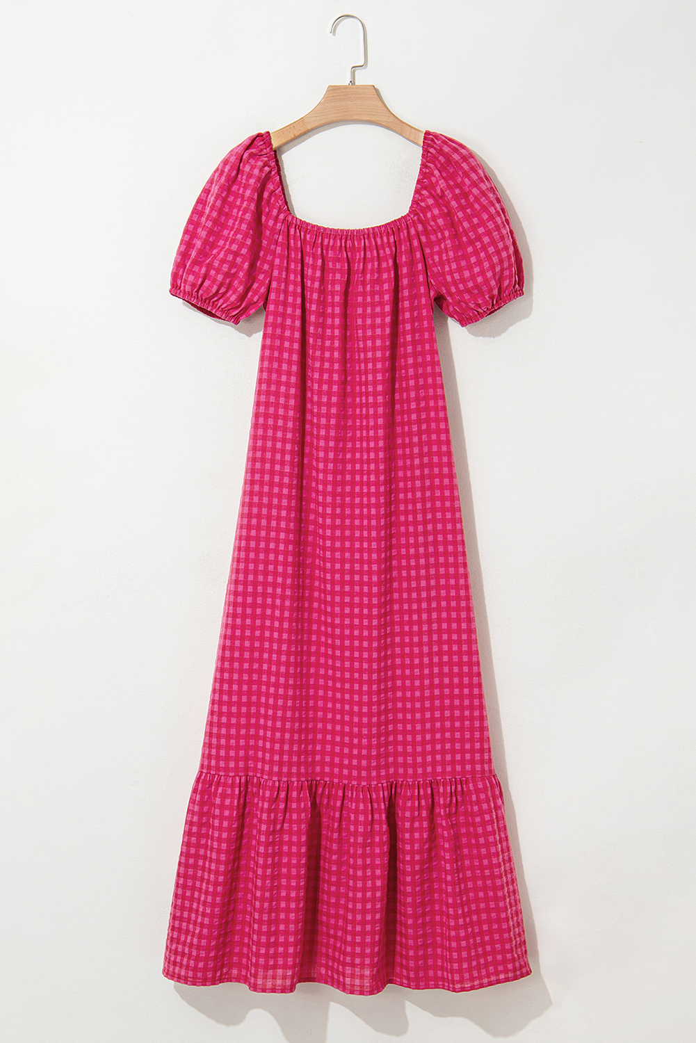 Rose Ginham Check Bubble Sleeve Ruffled Maxi Dress - loveforevers