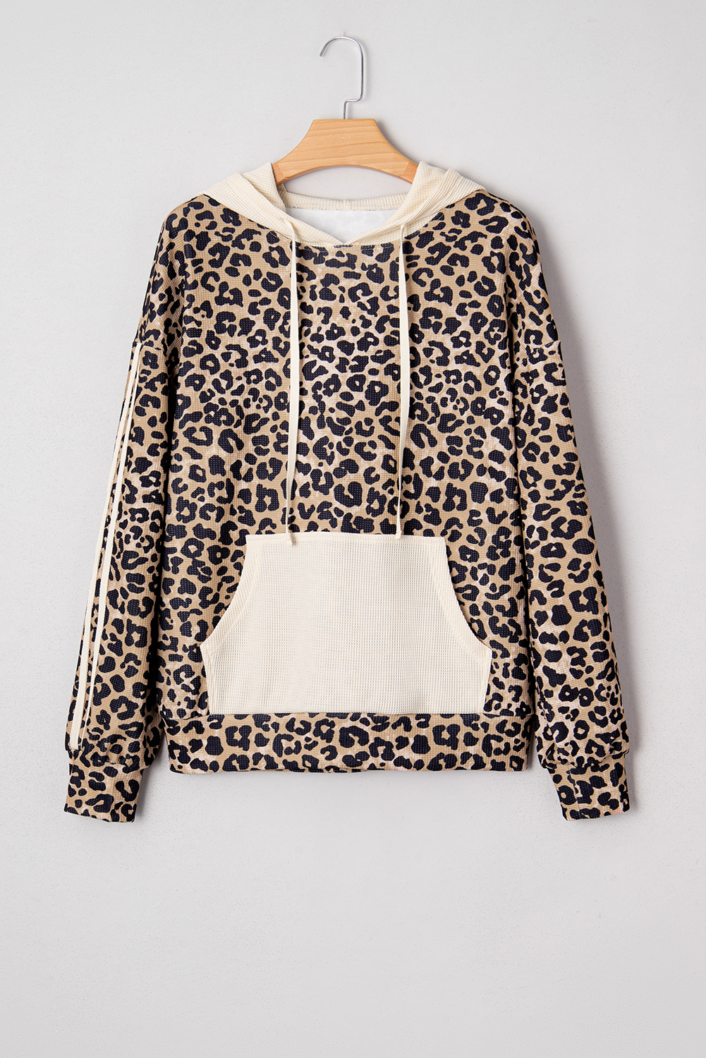 Leopard Print Waffle Contrast Kangaroo Pocket Hooded Sweatshirt - loveforevers