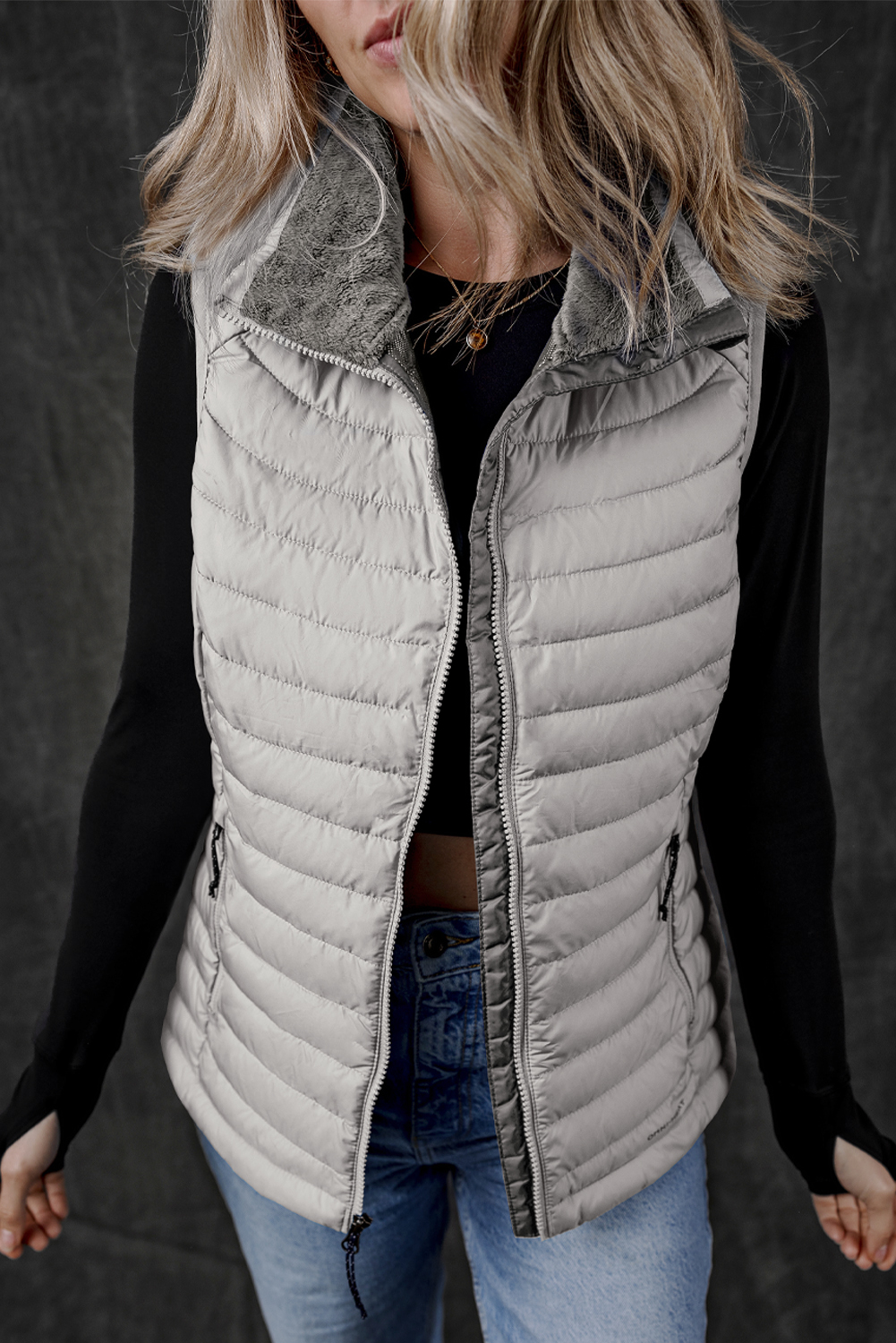 Silvery Plush Collared Quilted Zipped Puffer Vest - loveforevers