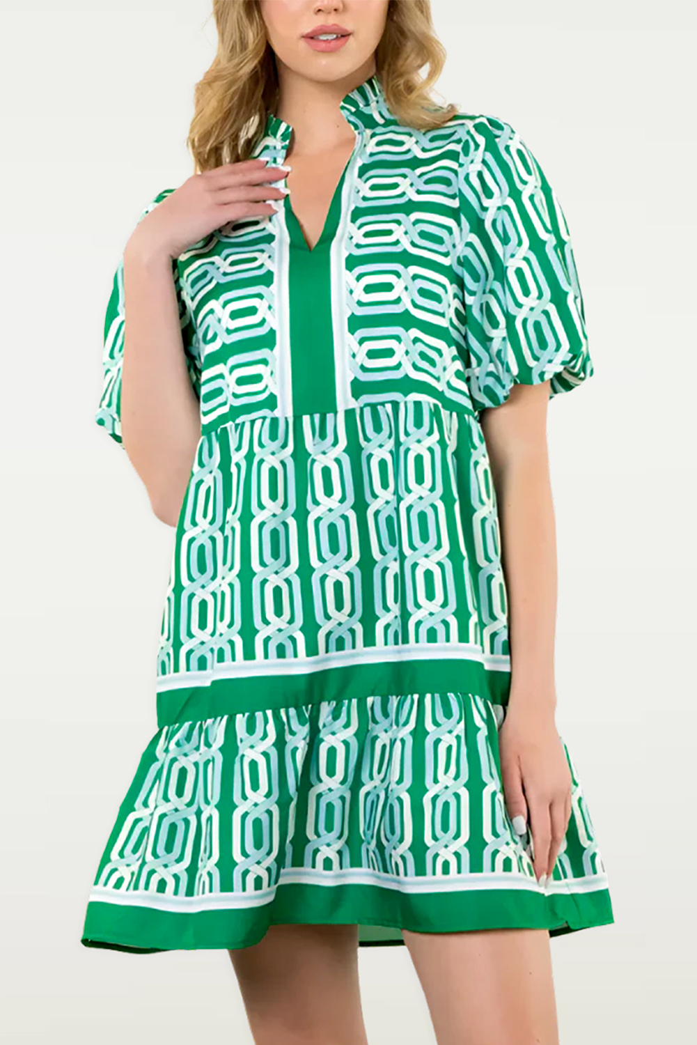 Bright Green Abstract Patterned V Neck Puff Short Sleeve Mini Dress - loveforevers