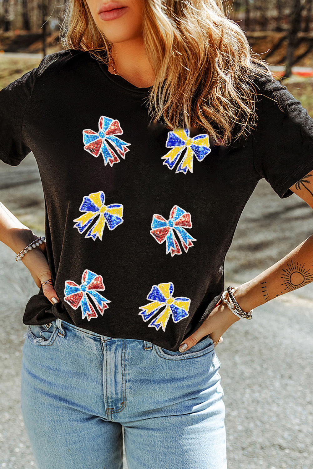 Black Cheerful Sequin Bow Patched Game Day T Shirt - loveforevers