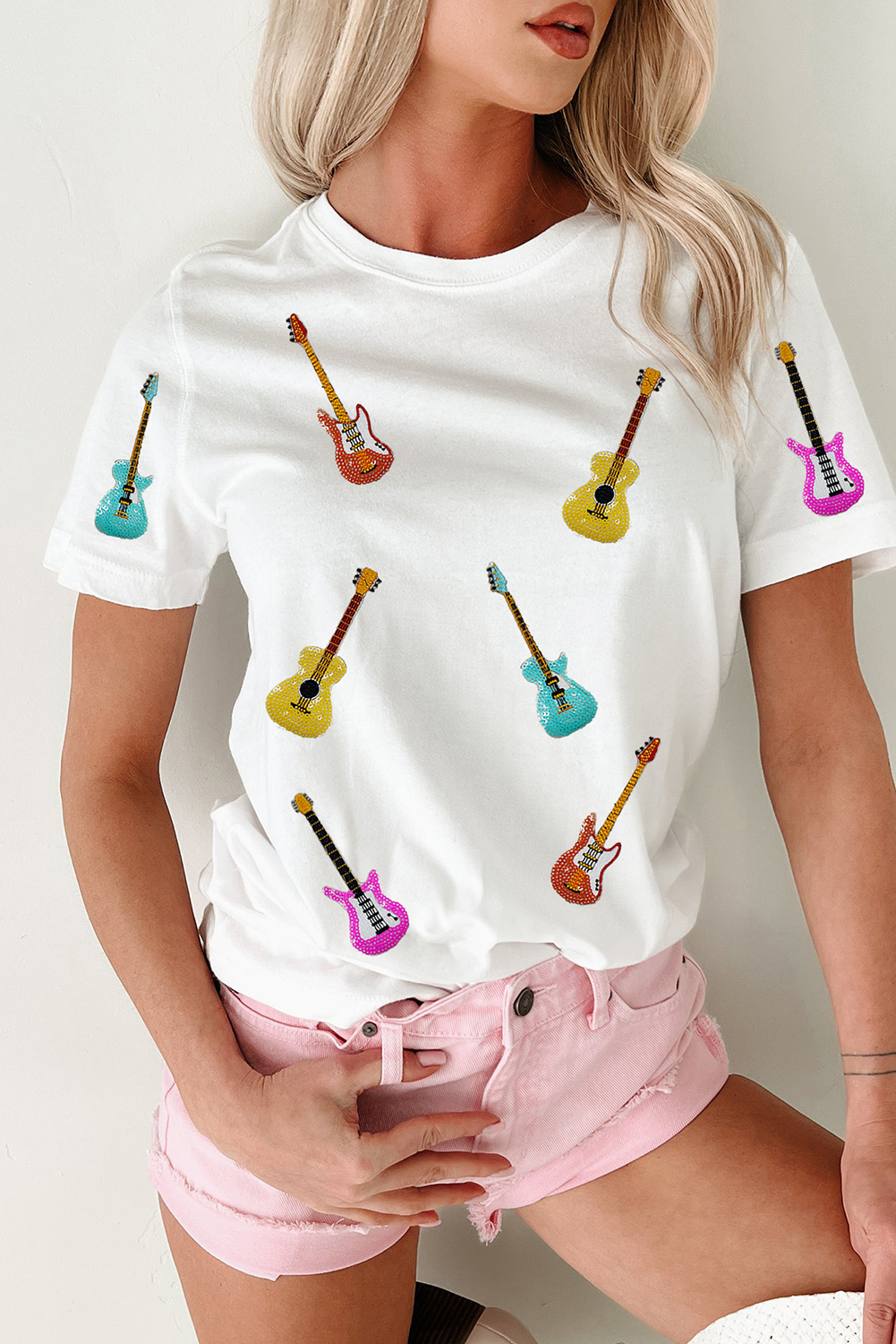 White Guitar Patched Graphic Crew Neck Tee - loveforevers