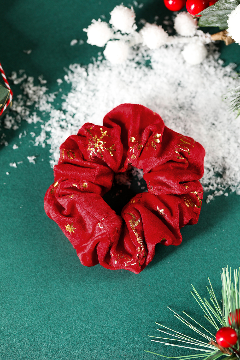 Fiery Red Shimmer Christmas Snowflake Reindeer Print Scrunchie Hair Tie - loveforevers