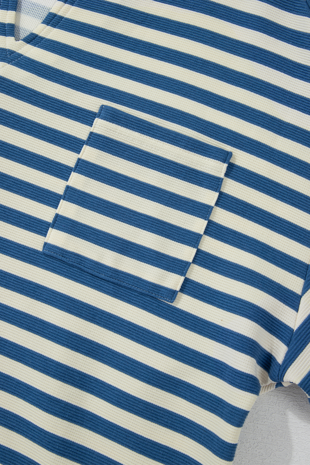 Sky Blue Stripe Chest Pocket Buttoned Back Notched V Neck Top - loveforevers