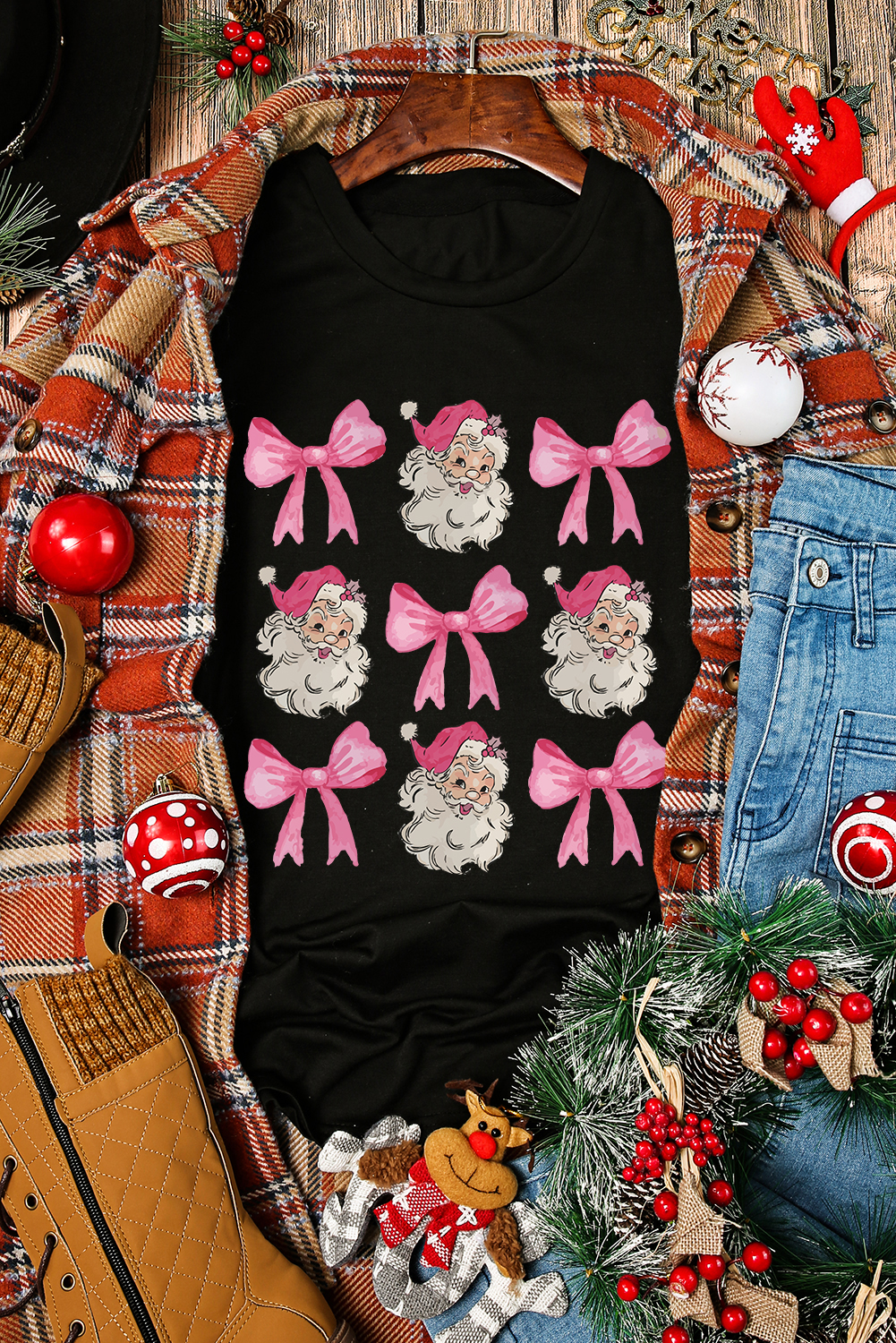 Black Santa Claus Bow Knot Christmas Graphic T Shirt - loveforevers