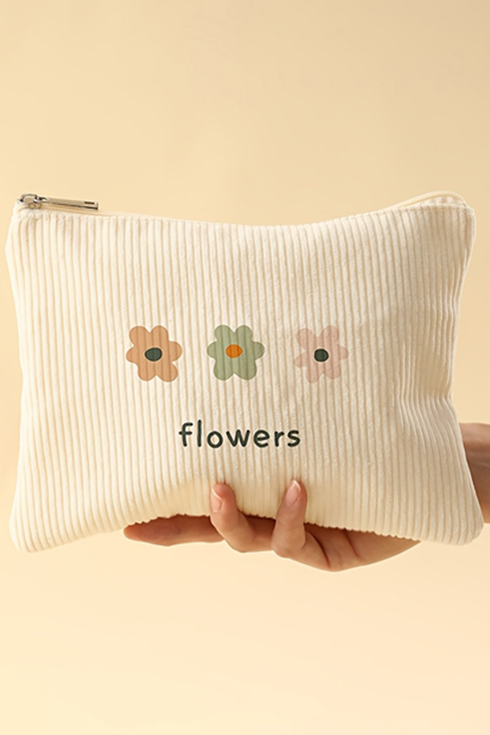 White Flower Print Corduroy Big Cosmetic Bag - loveforevers
