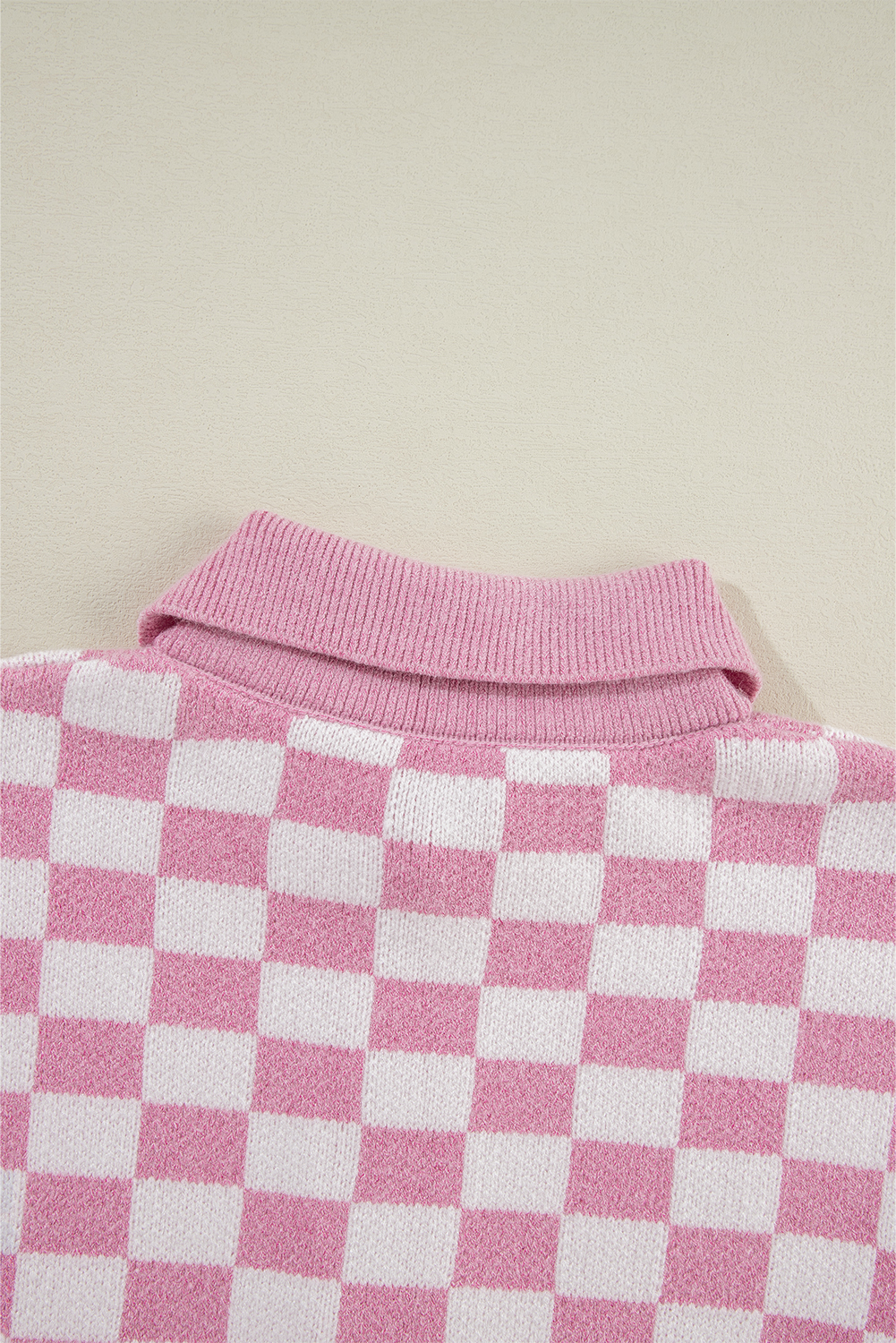 Pink Checkered Buttons Collar V Neck Drop Shoulder Sweater - loveforevers