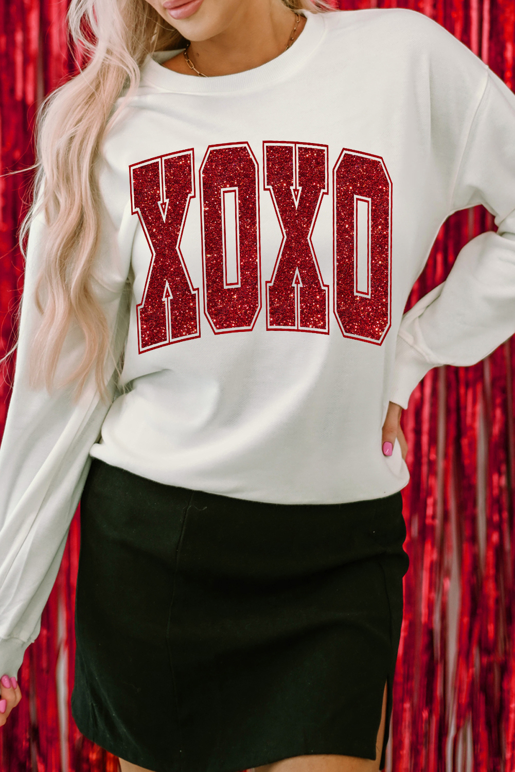 White Glitter XOXO Graphic Crewneck Valentines Pullover Sweatshirt - loveforevers