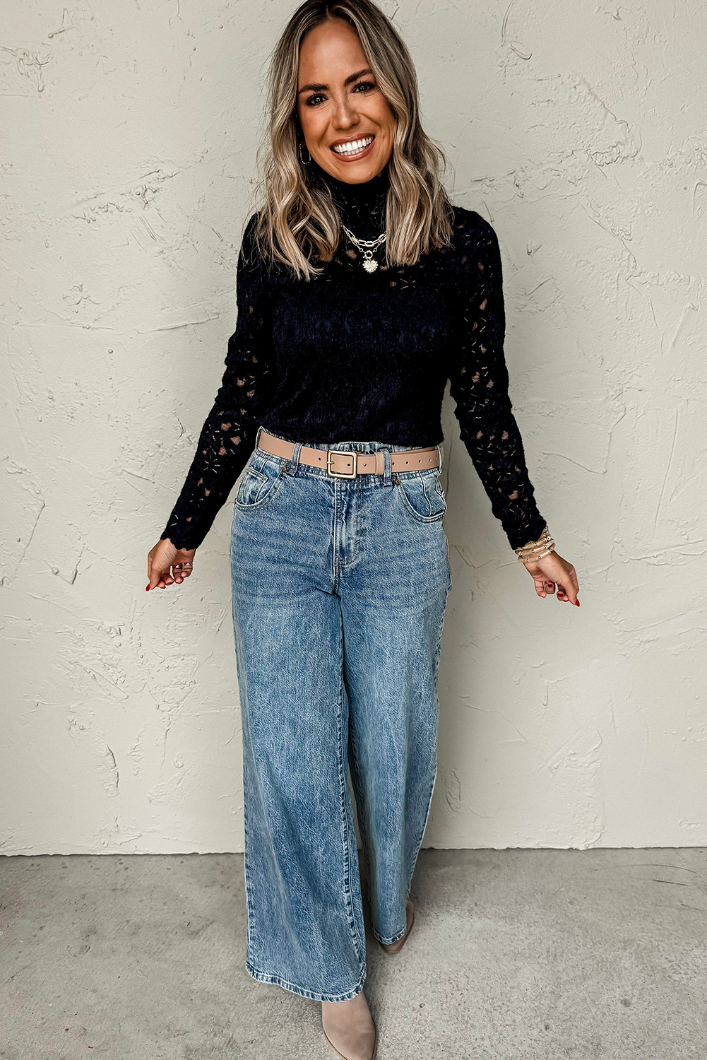 Black Flower Lace See Through Mock Neck Long Sleeve Top - loveforevers