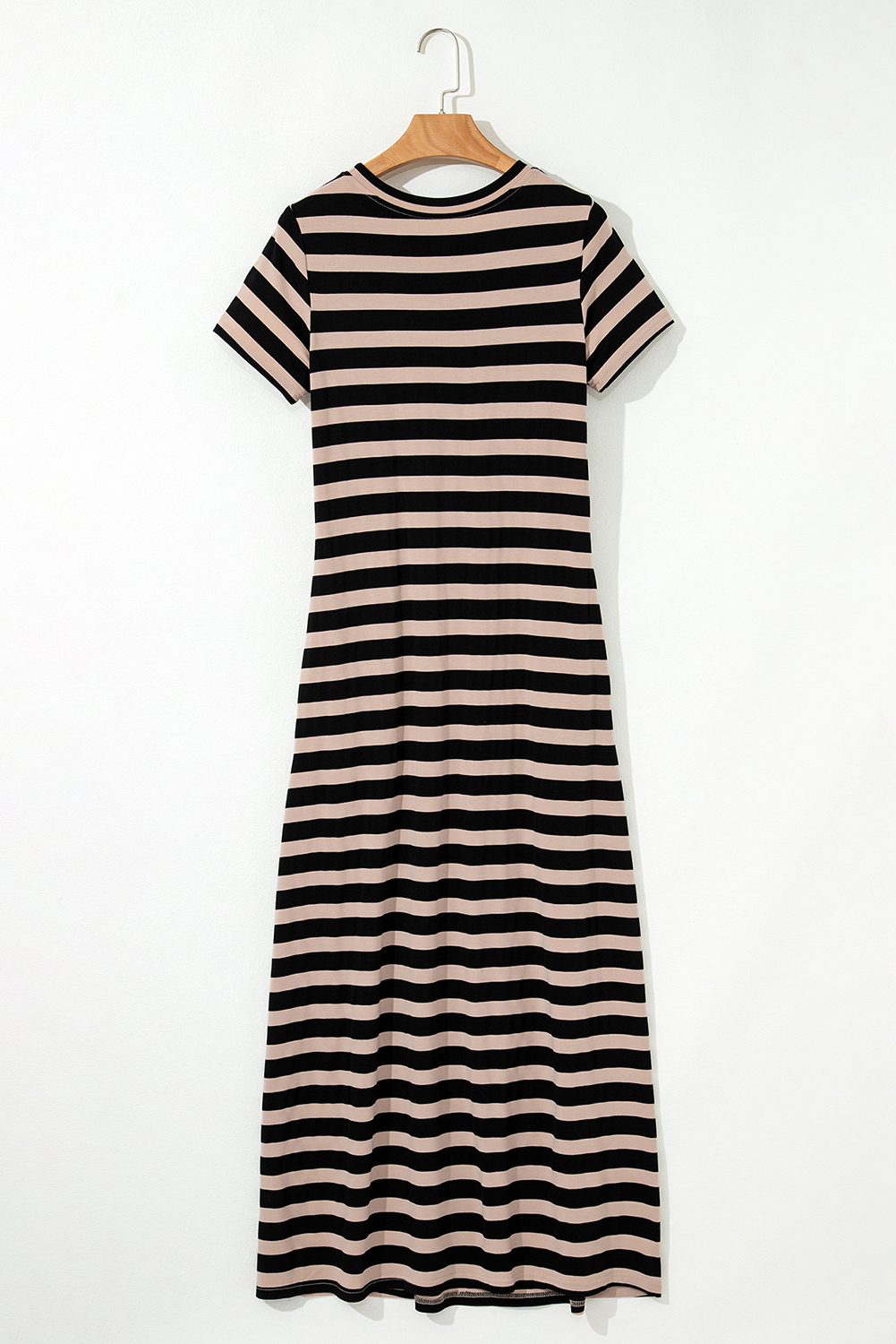 Black Stripe Casual Round Neck T-shirt Maxi Dress with Pockets - loveforevers