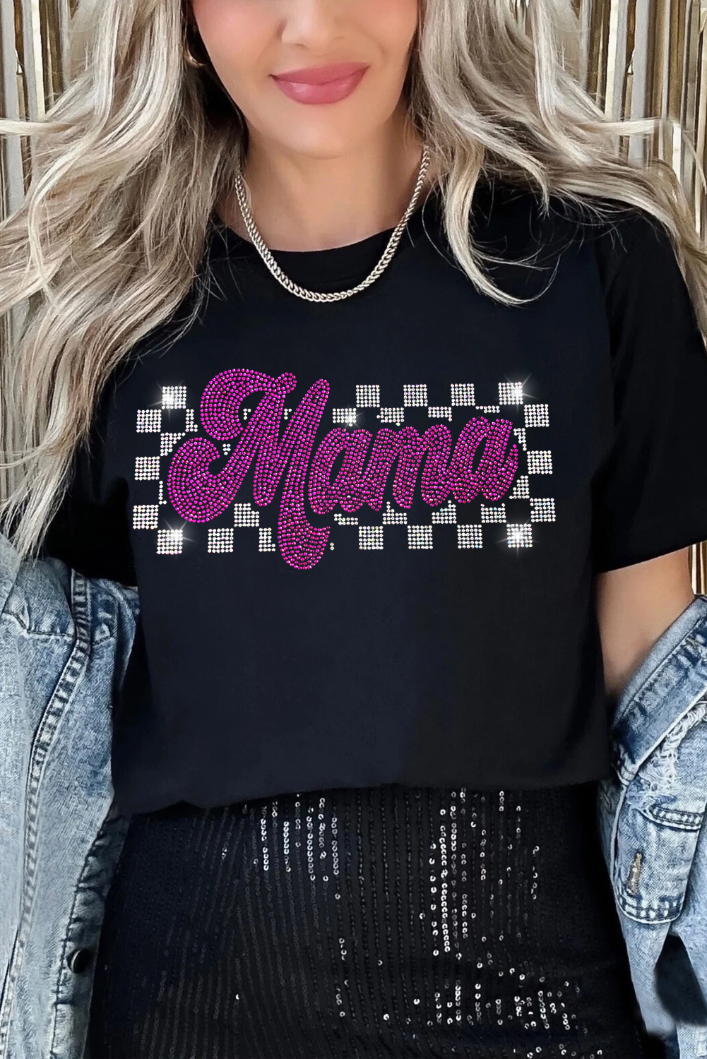 Black Rhinestone Mama Letter Graphic T Shirt - loveforevers