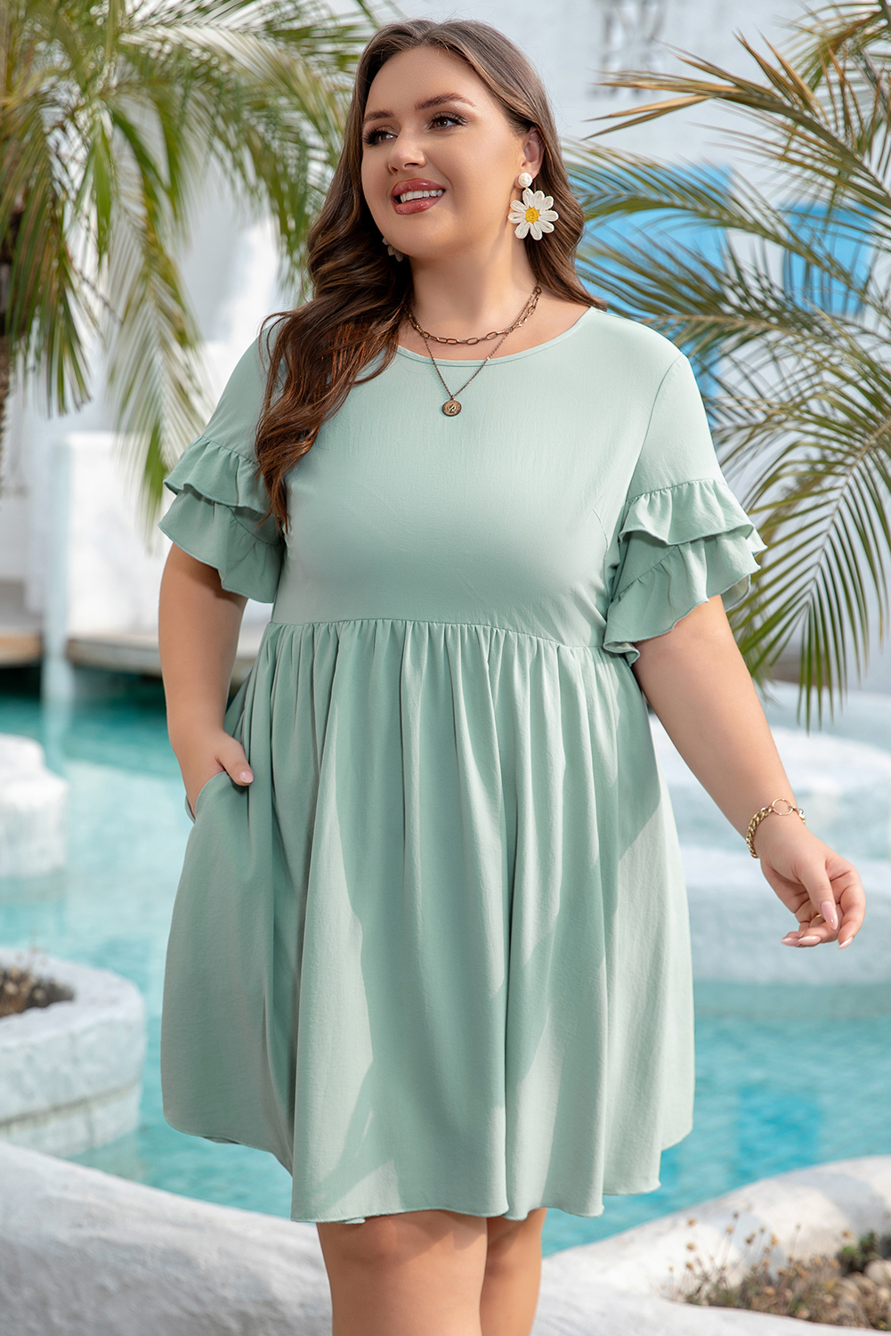 Grass Green Ruffle Trim Short Sleeve Plus Size Flared Mini Dress - loveforevers