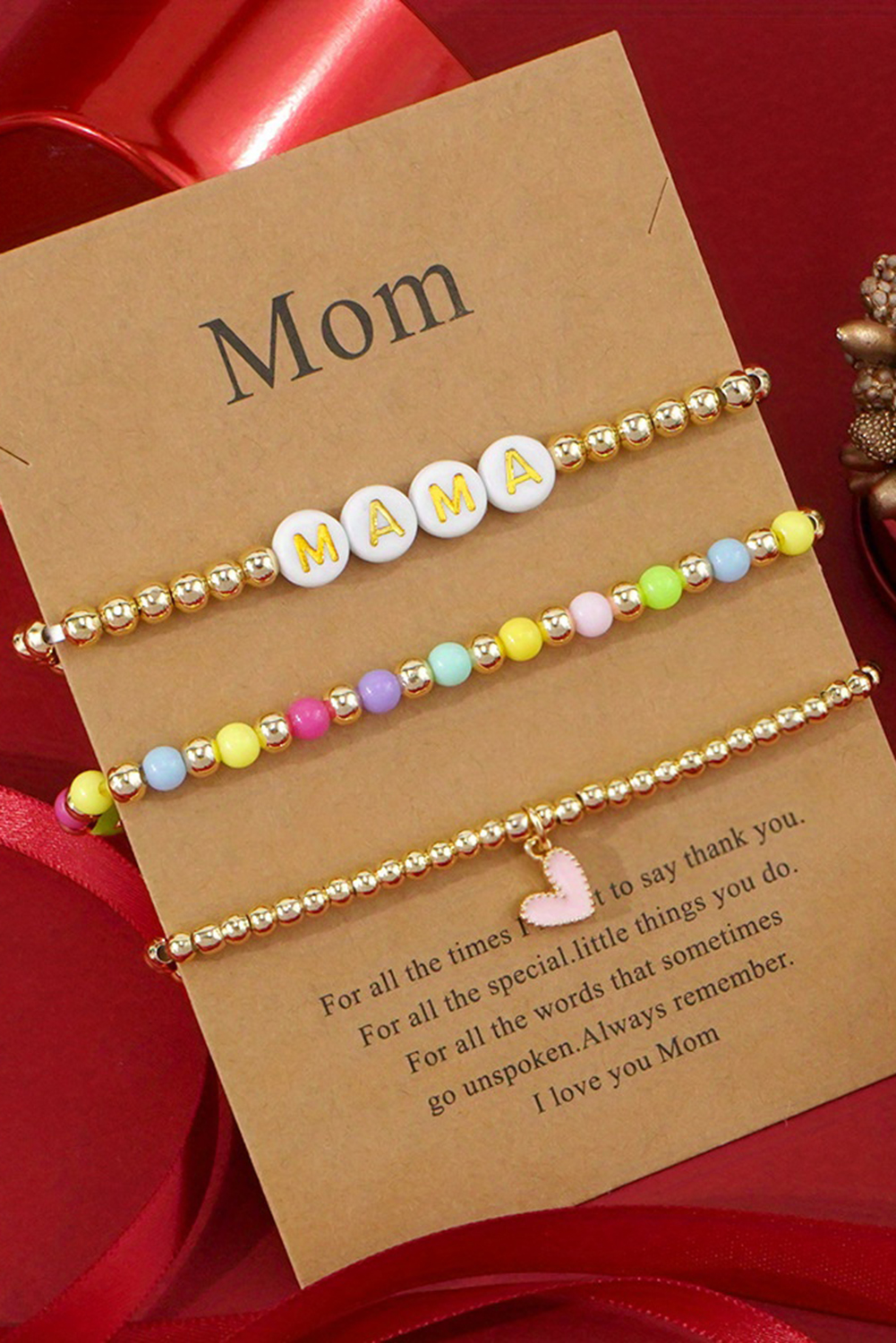 Gold MAMA Heart Beaded Multi Layer Stretch Bracelet - loveforevers