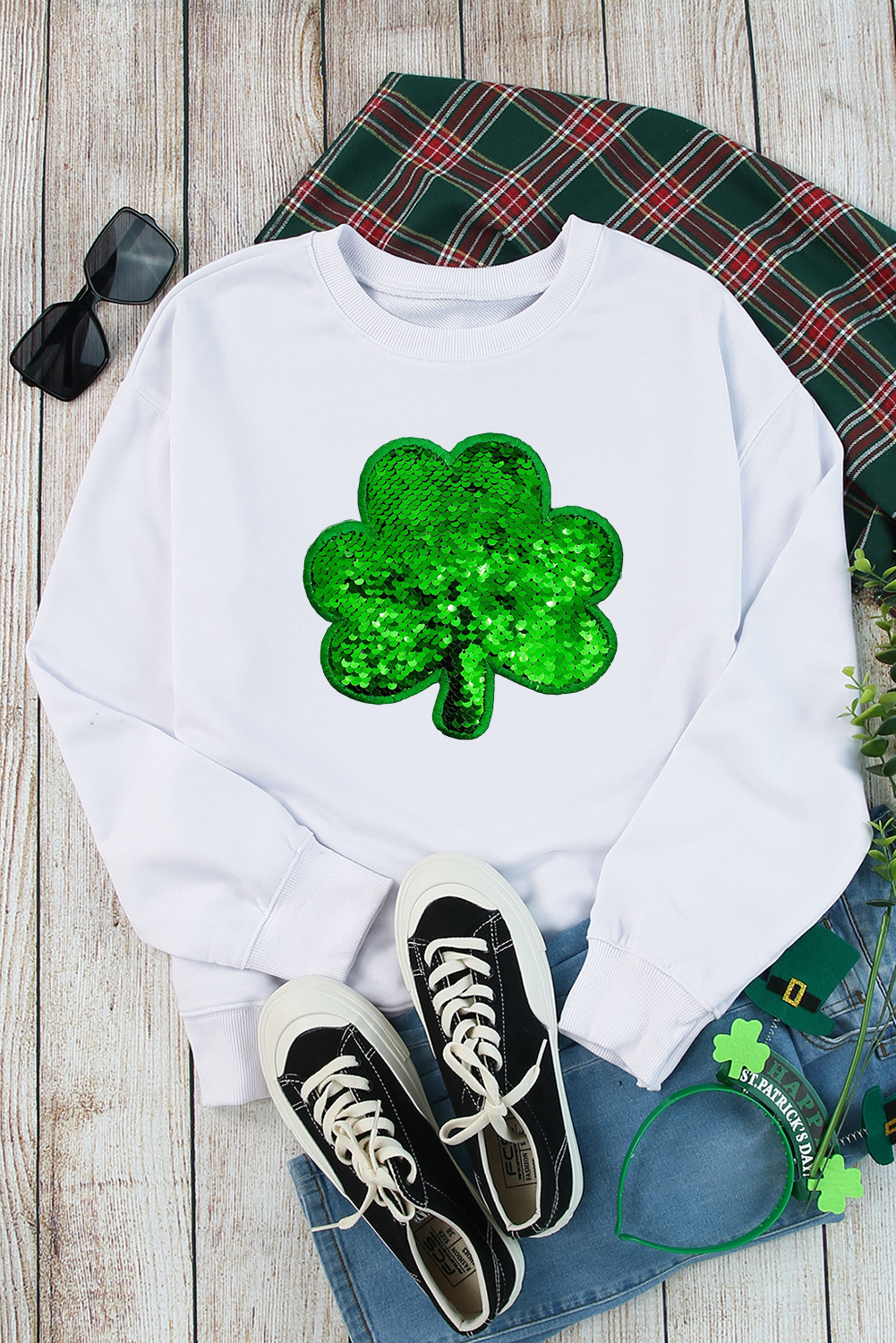 White Sequin Clover Embroidered Drop Shoulder Sweatshirt - loveforevers