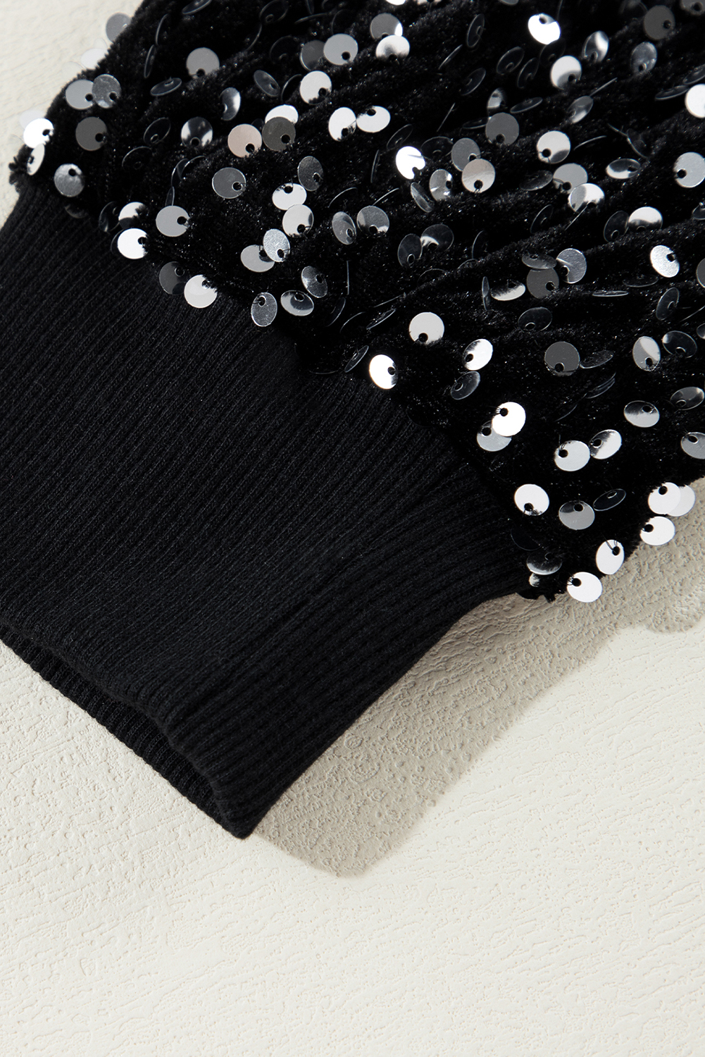 Black Sequined Long Sleeve Crew Neck Cropped Blouse - loveforevers