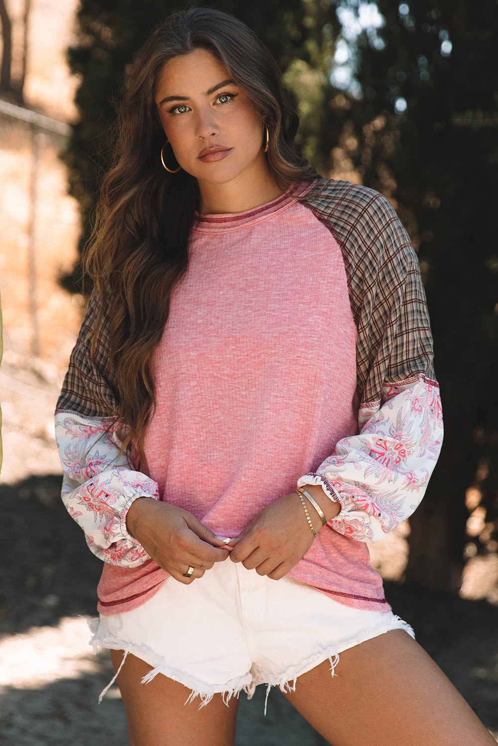 Fushia Mixed Print Raglan Sleeve Ribbed Knit Patchwork Blouse - loveforevers