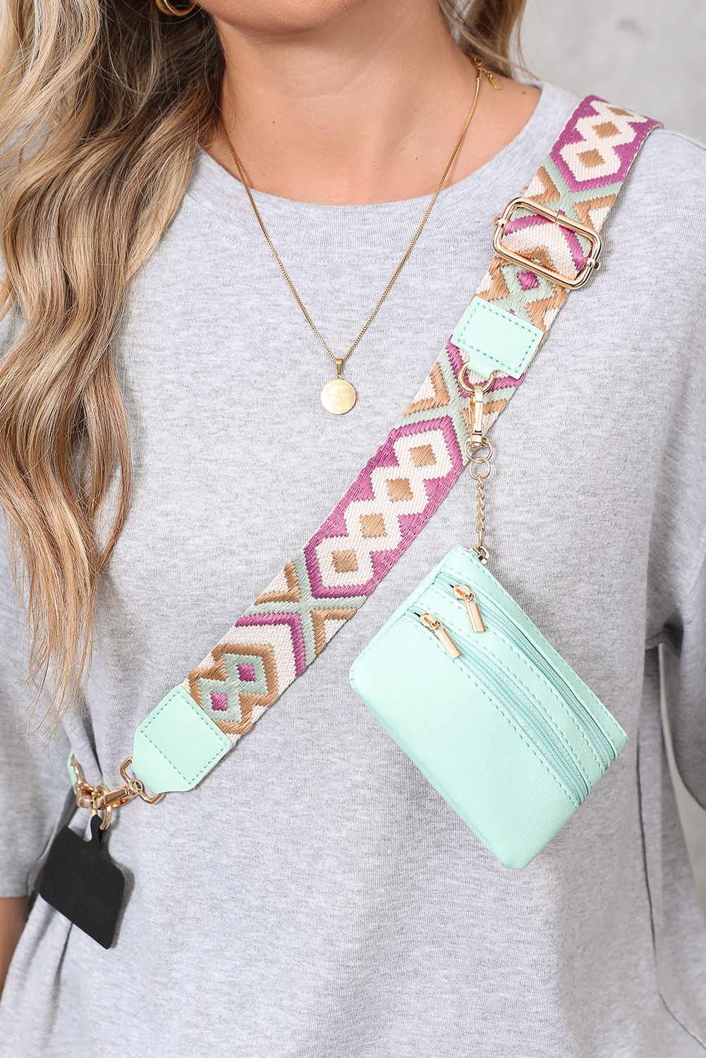 Sea Green Geometric Printed Phone Strap And Detachable Zipped Pouch - loveforevers
