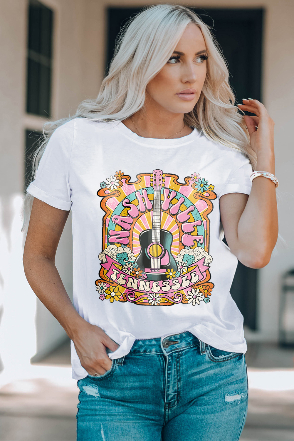 White NASHIVILLE Guitar Graphic Country Music T Shirt - loveforevers