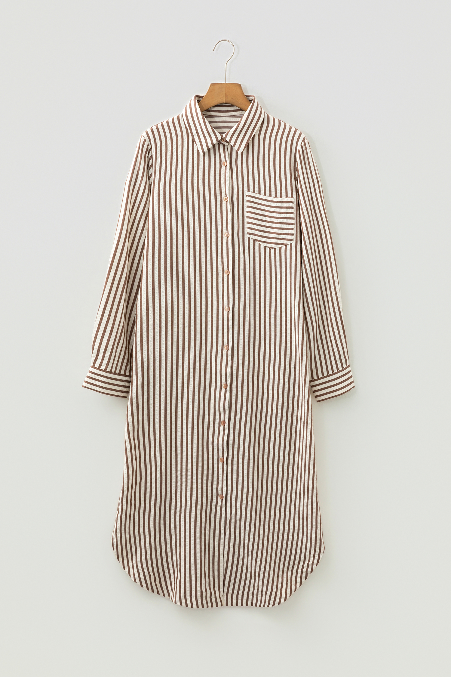 Brown Stripe Textured 3/4 Sleeve Round Hem Split Midi Shirt Dress - loveforevers