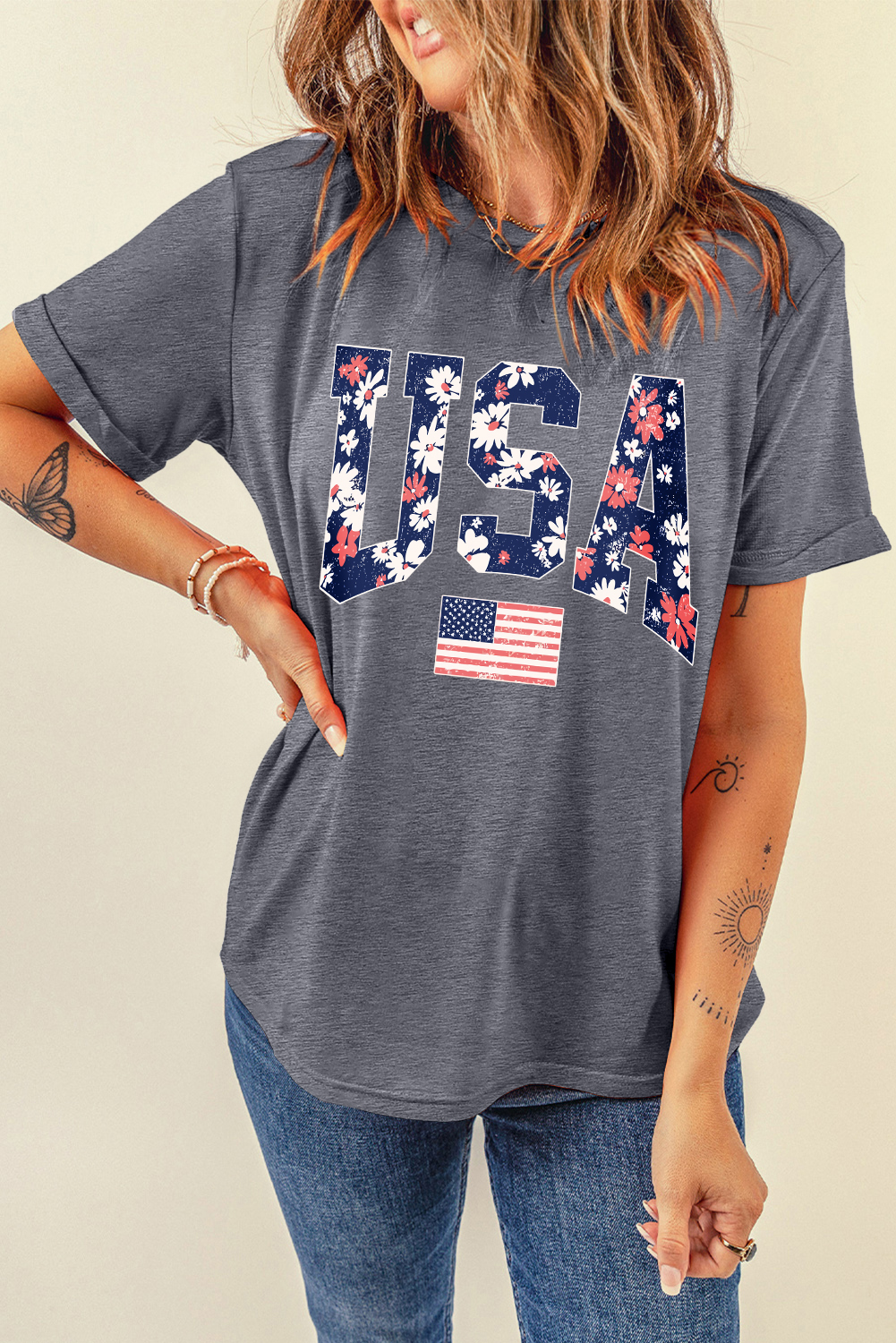 Gray Blooming USA Flag Print Casual T Shirt - loveforevers
