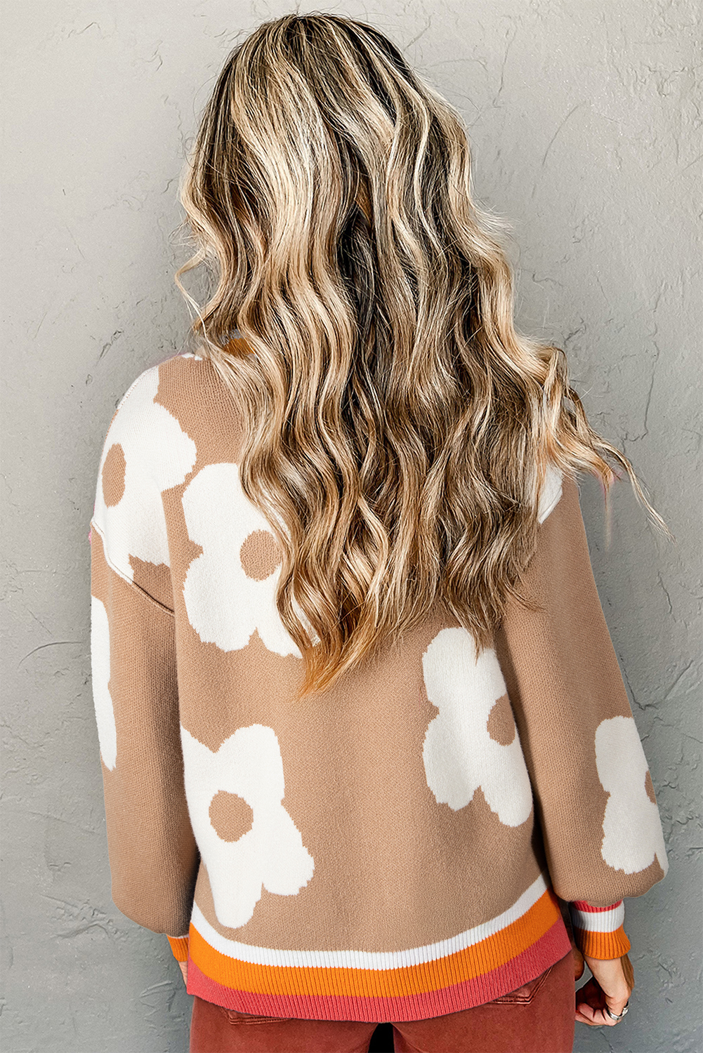 Smoke Gray Big Flower Pattern Contrast Striped Baggy Sweater - loveforevers