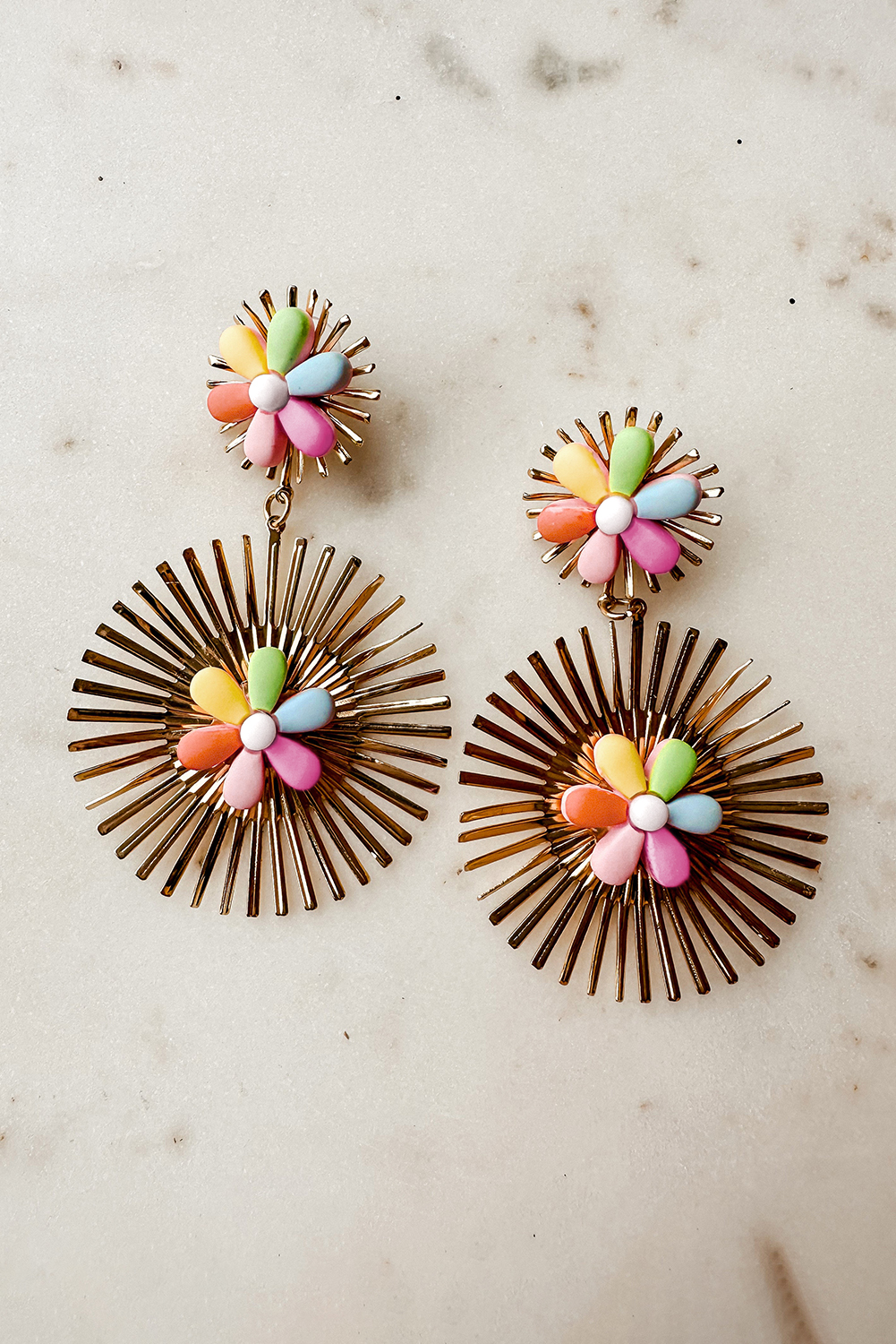 Red Colorful Flower Gold-pleated Dangle Earrings - loveforevers