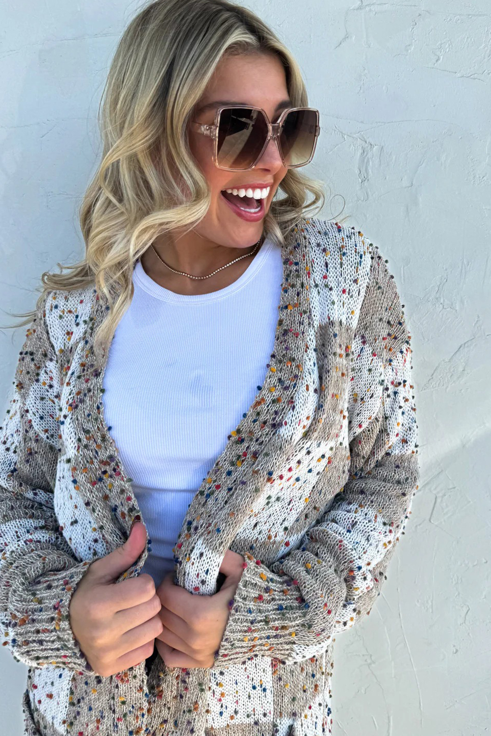 Brown Confetti Dot Checkered Print Open Cardigan with Pockets - loveforevers