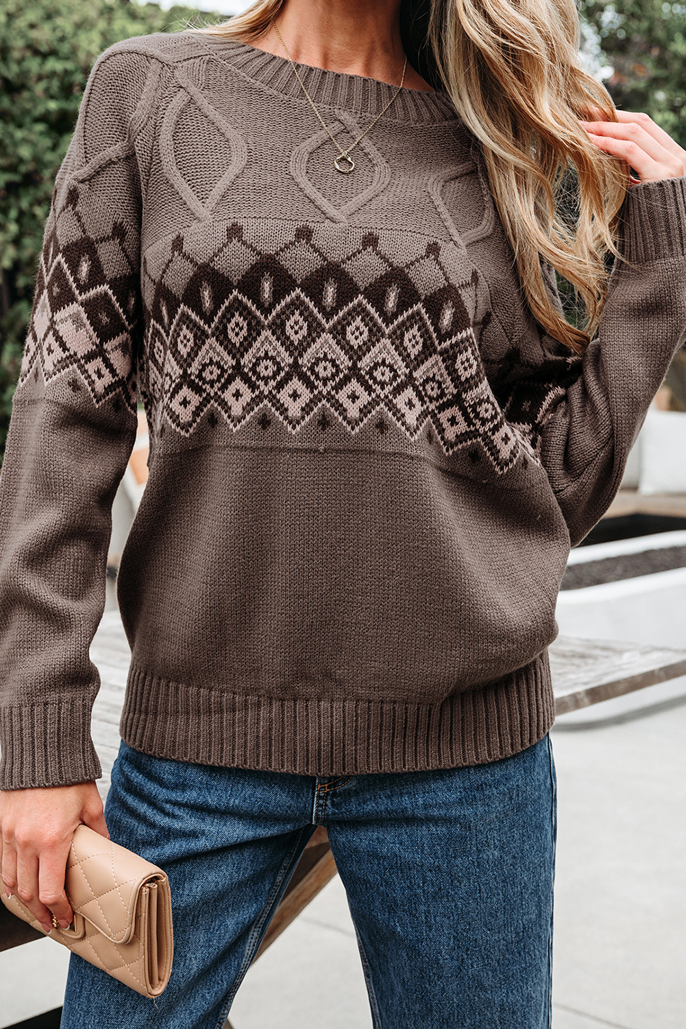 Light French Beige Western Geometric Patterned Crew Neck Knitted Sweater - loveforevers