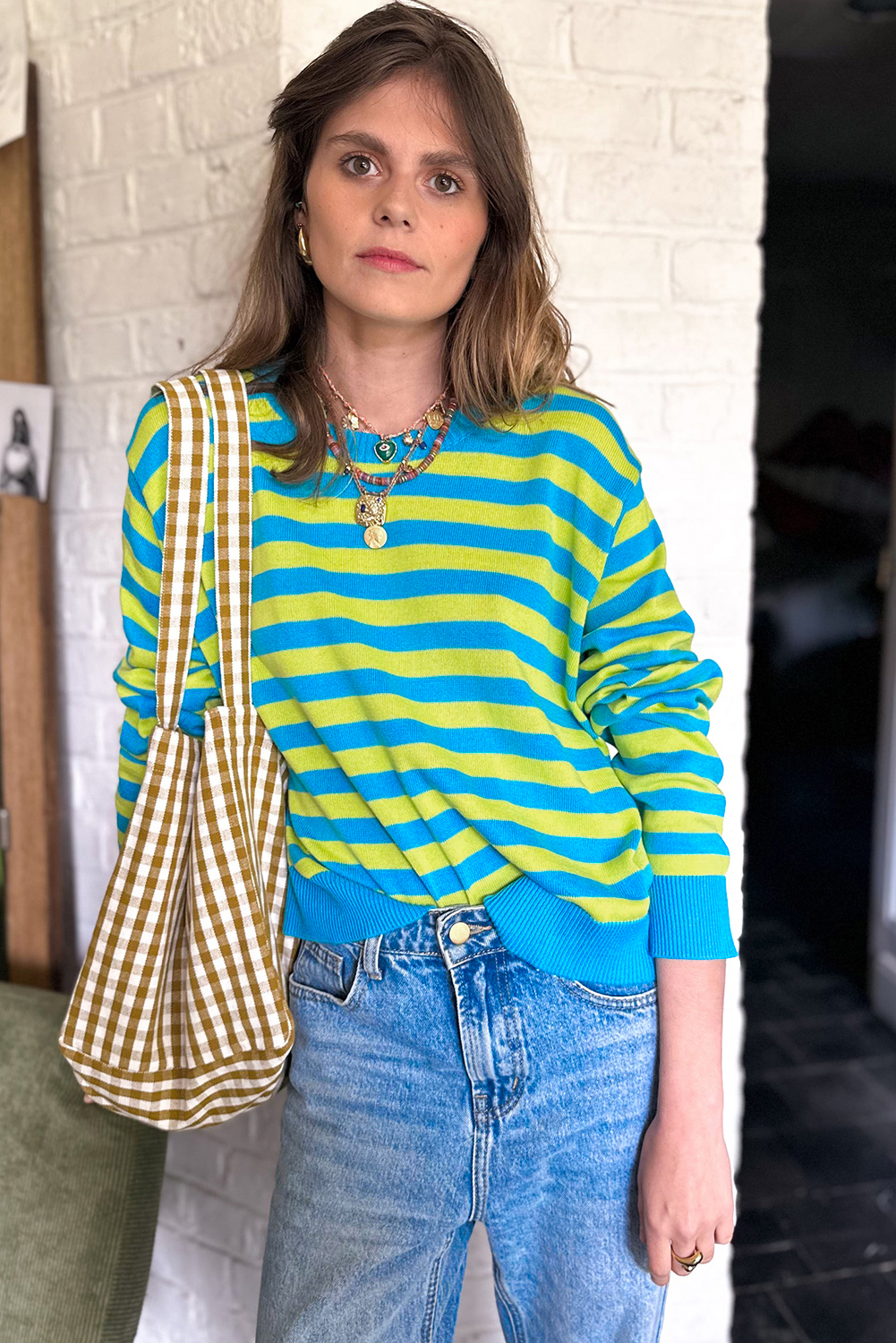 Green Stripe Crew Neck Drop Shoulder Casual Sweater - loveforevers
