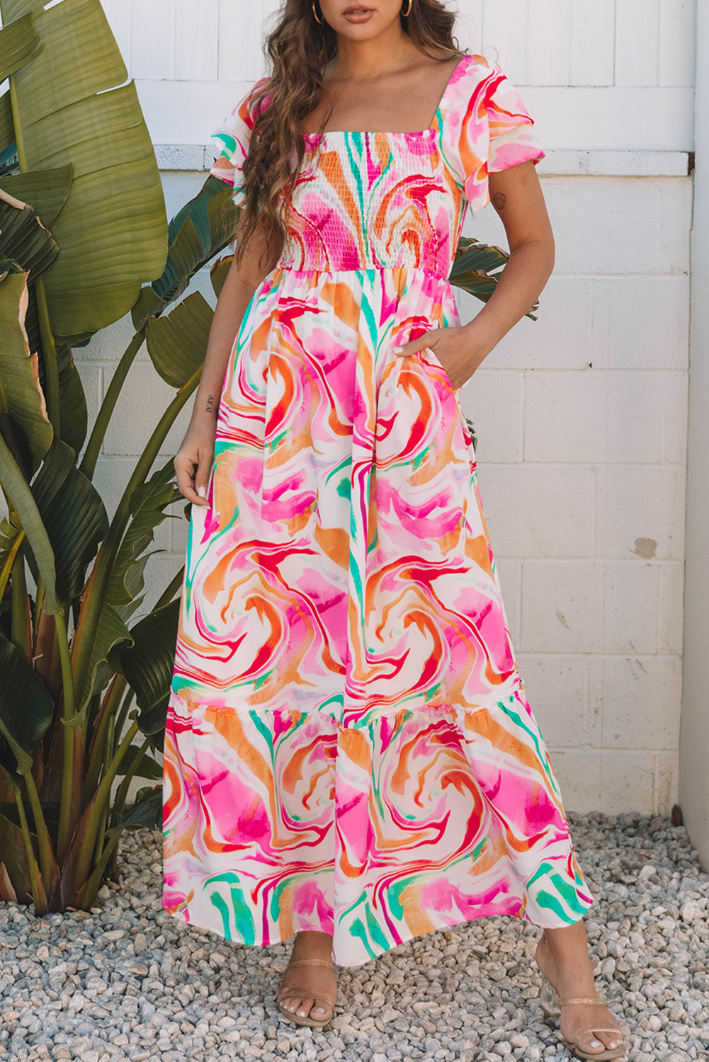 Pink Abstract Print Ruffled Sleeve Smocked Bust Maxi Dress - loveforevers