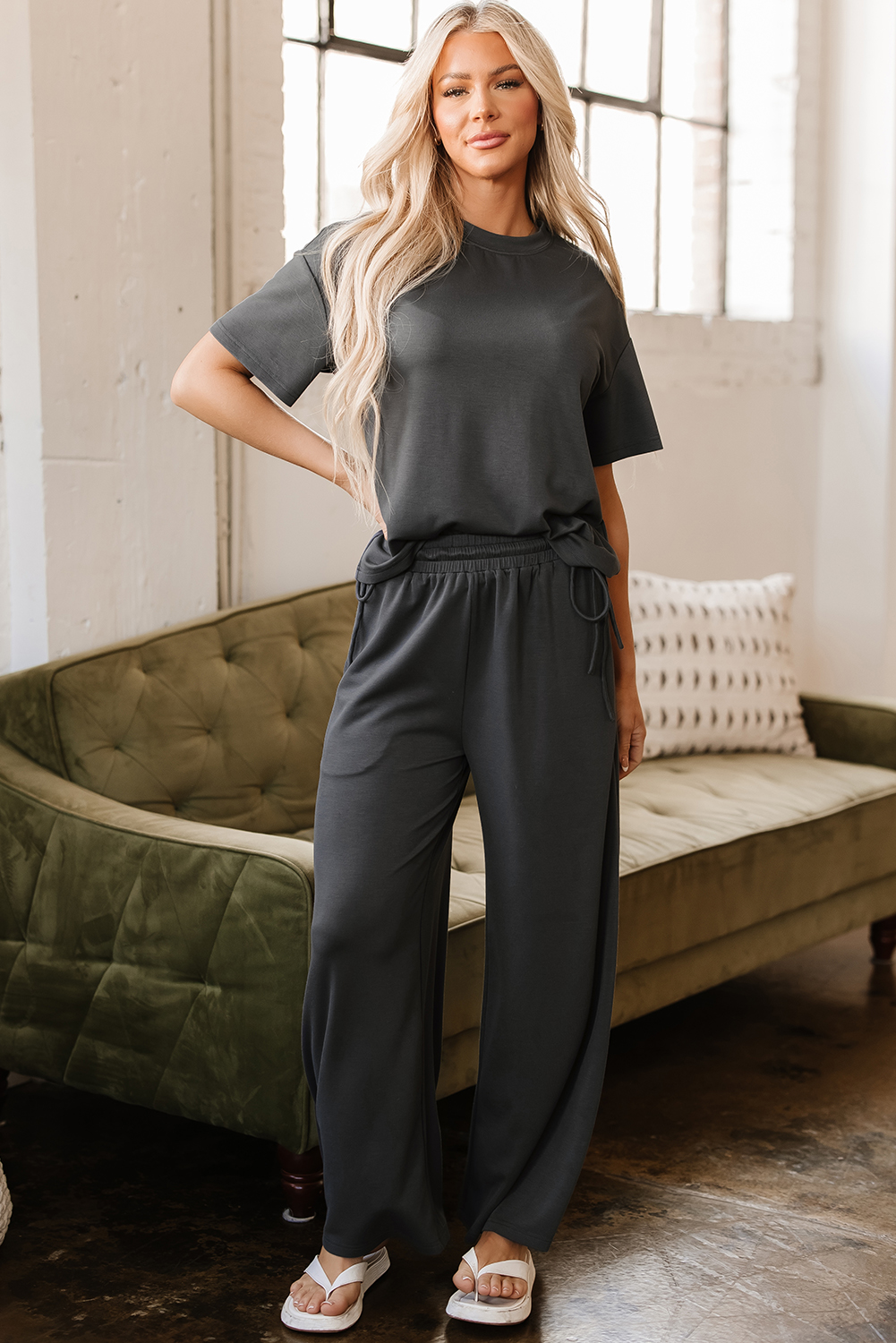 Dark Grey Drawstring Side Crewneck Tee and Loose Pants Set - loveforevers