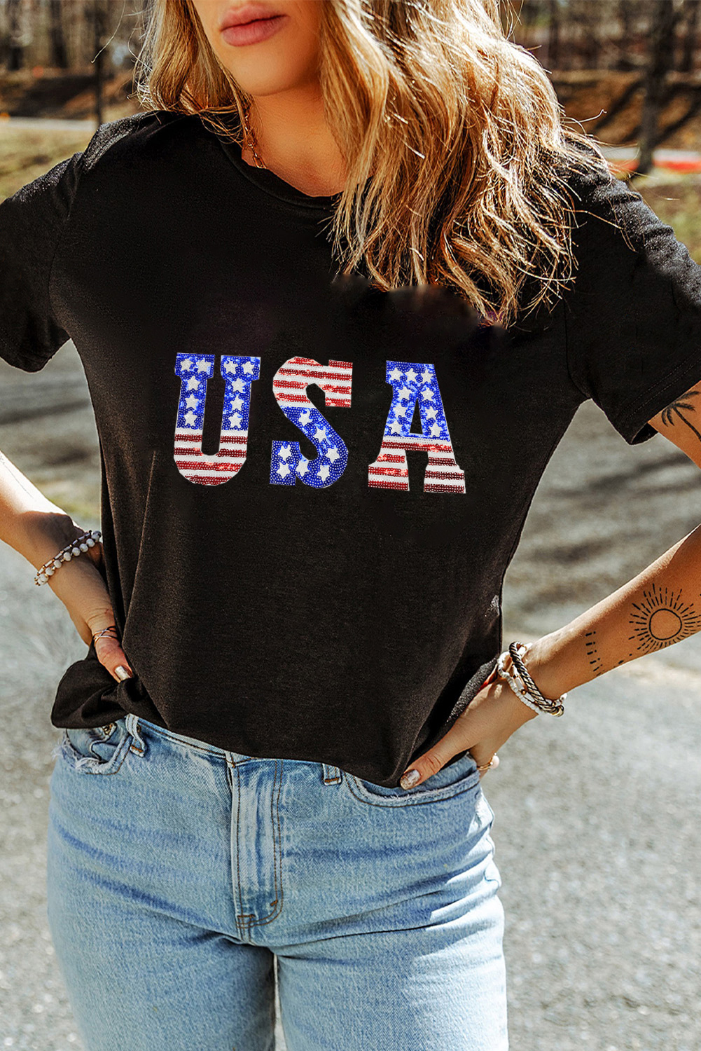 Black USA Stars and Stripes Crew Neck Graphic Tee - loveforevers