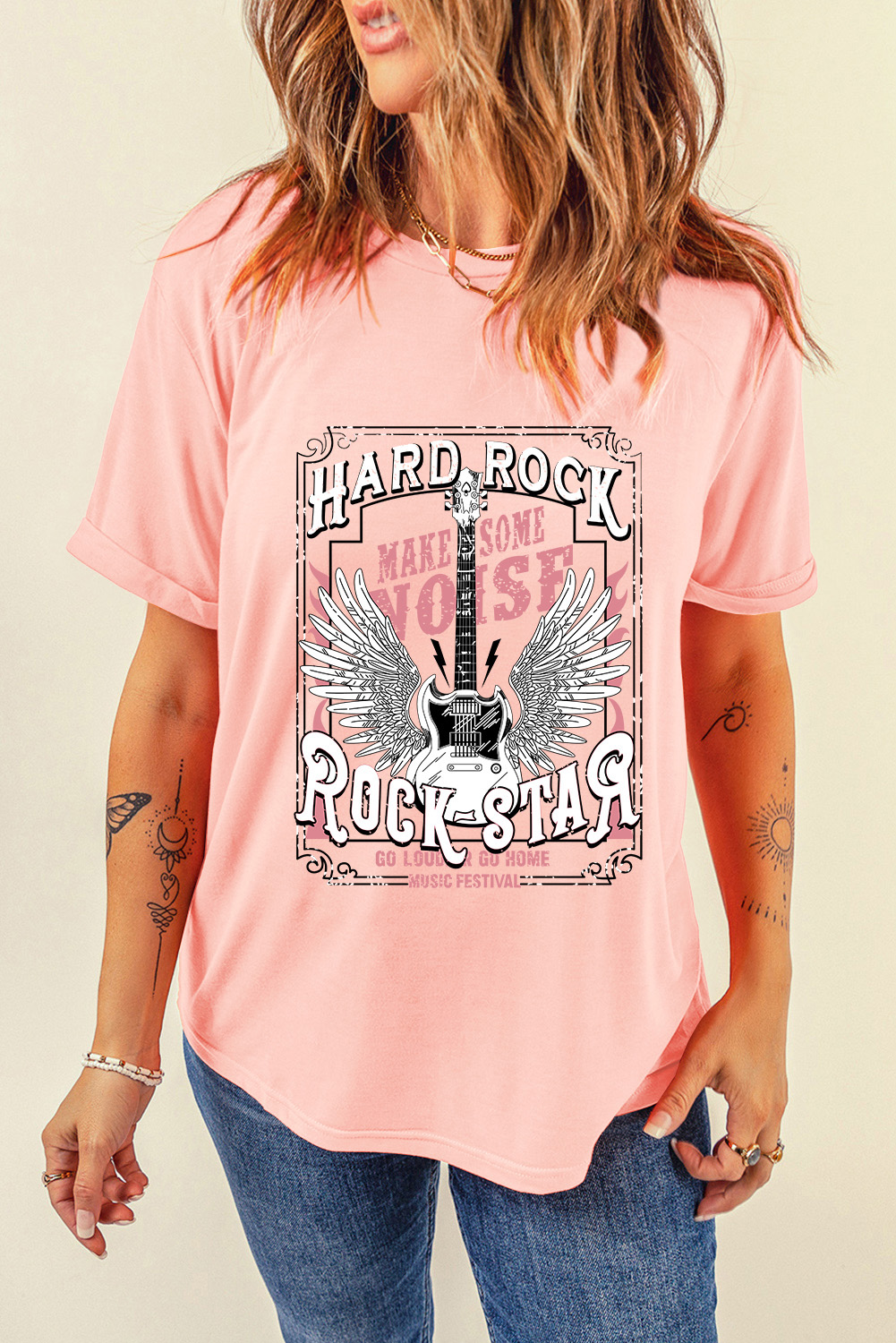 Pink Hard Rock Guitar Print Crew Neck T Shirt - loveforevers