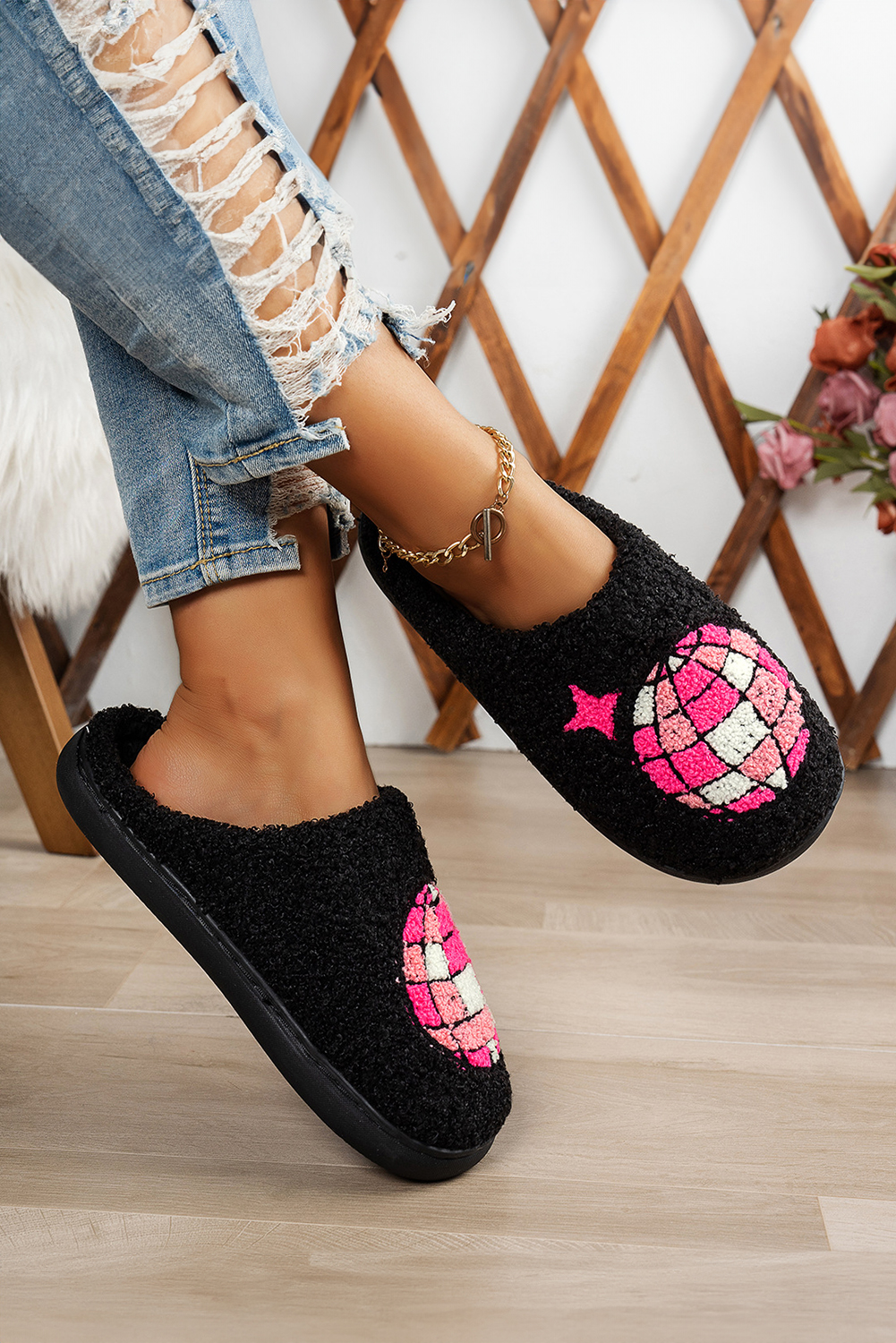 Black Disco Ball Print Fuzzy Winter House Slippers - loveforevers