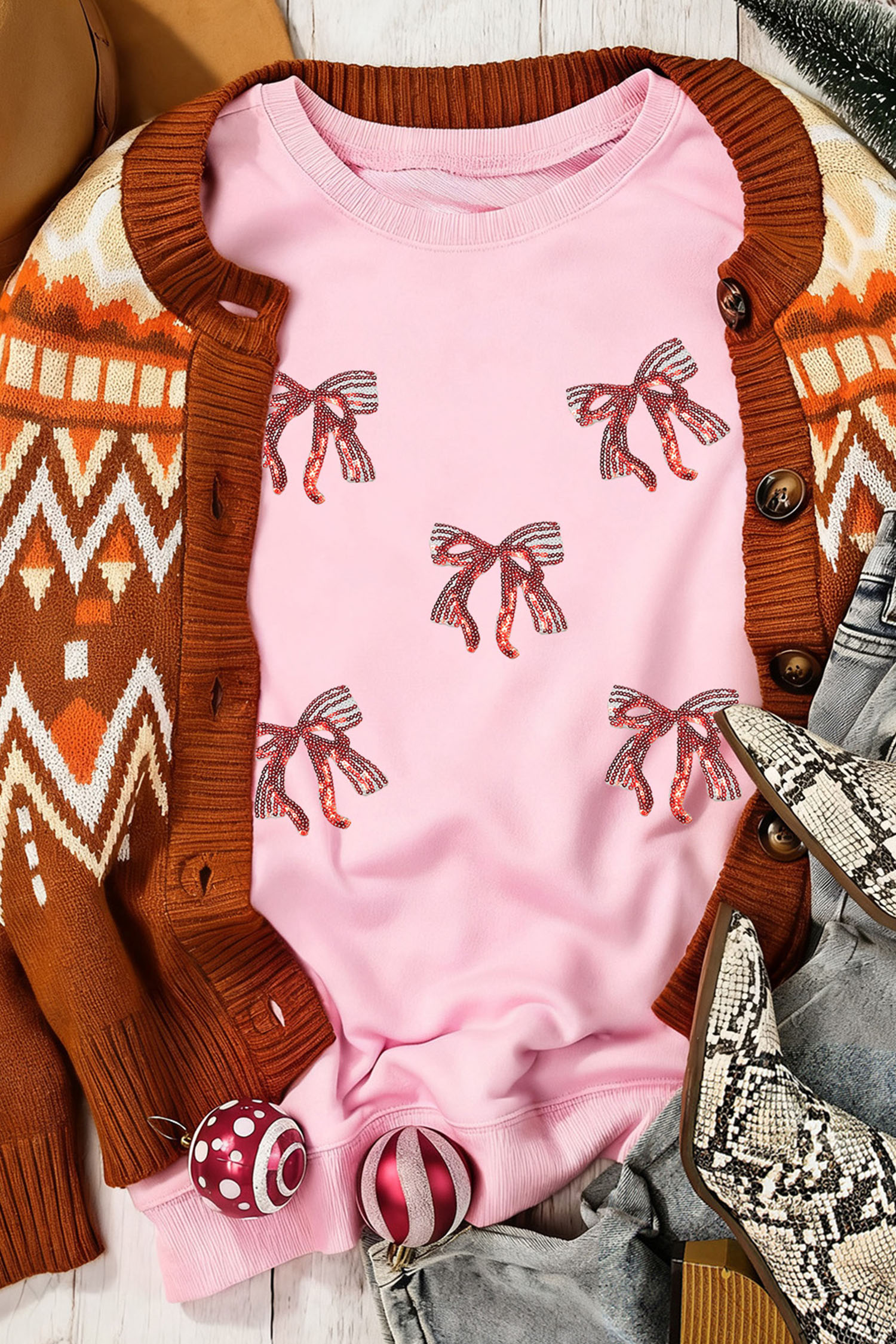 Pink Sequined Bow Pattern Drop Shoulder Loose Sweatshirt - loveforevers