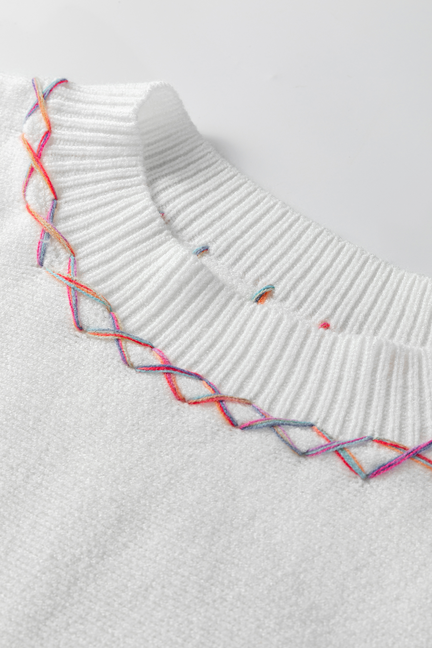 White Rainbow Stitching Balloon Sleeve Relaxed Sweater - loveforevers