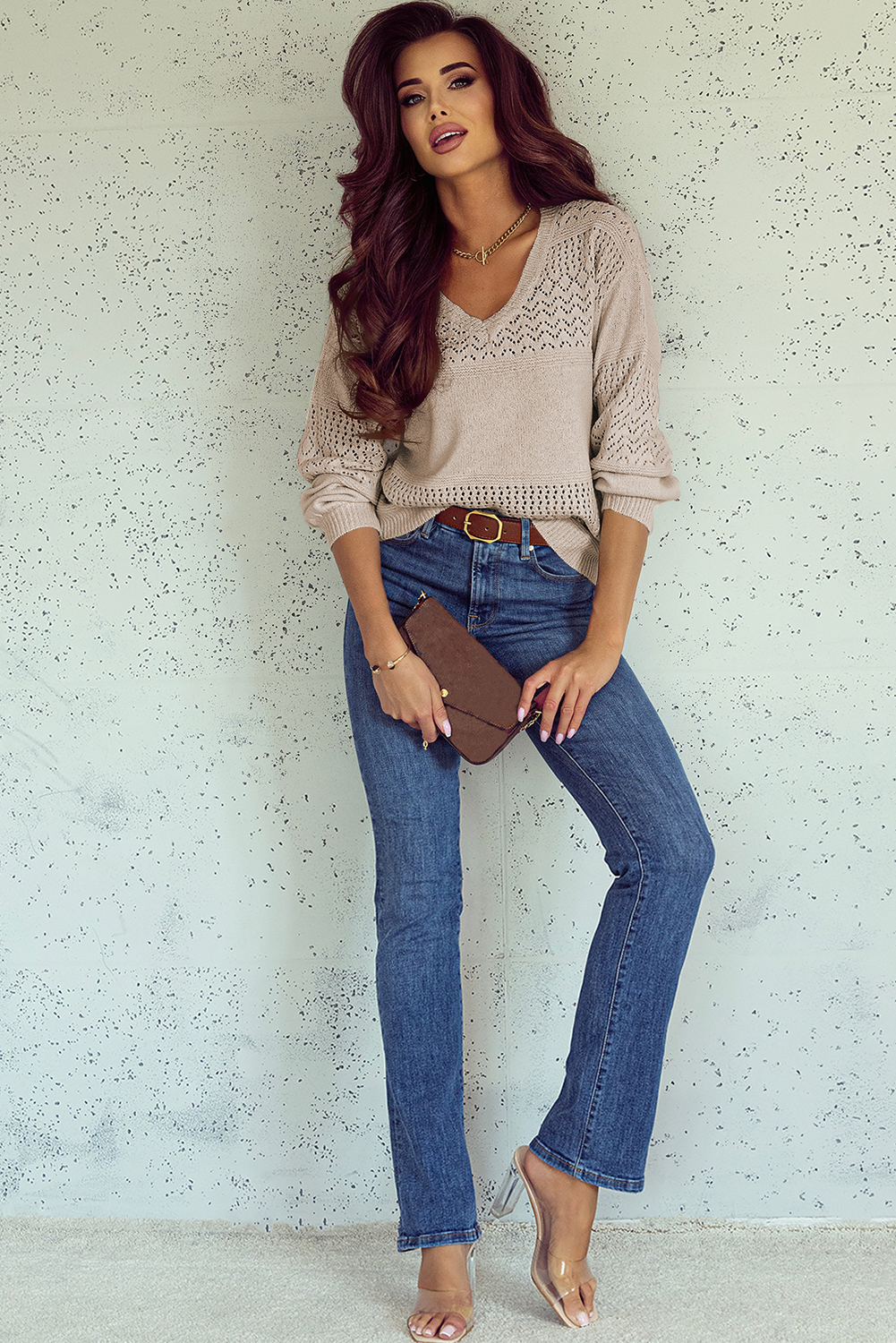 Sky Blue Eyelet Pattern Detail V Neck Drop Shoulder Sweater - loveforevers