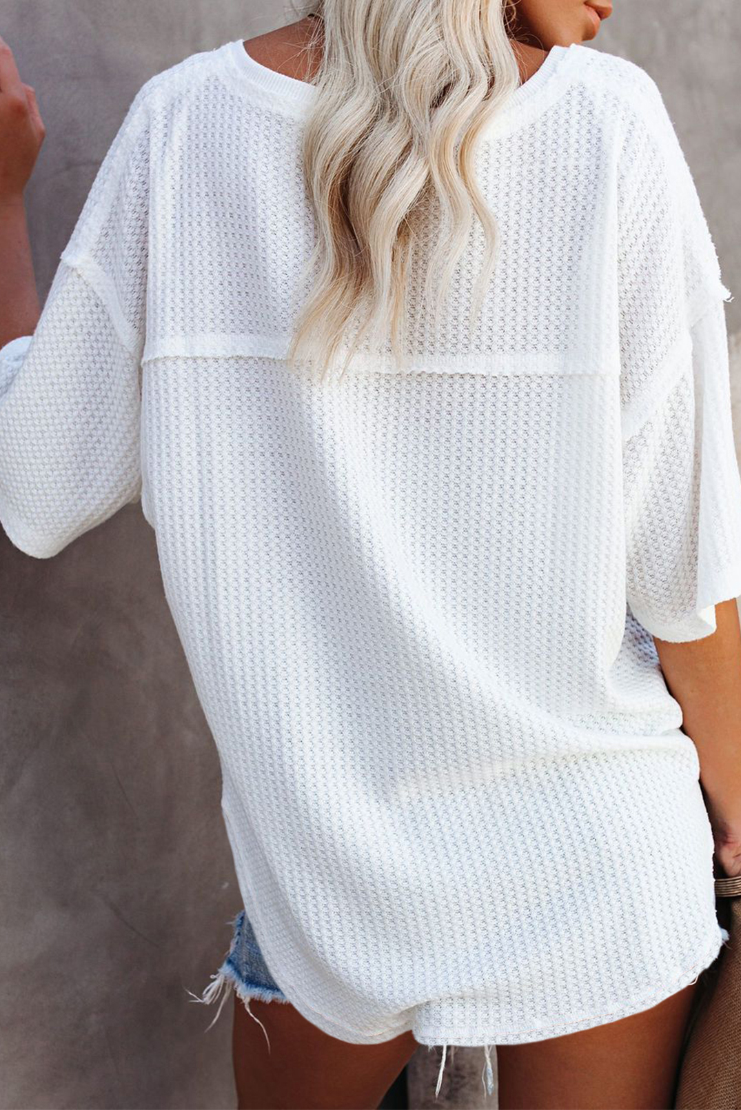 White Exposed Seam Half Sleeve Knitted V Neck Textured Top - loveforevers