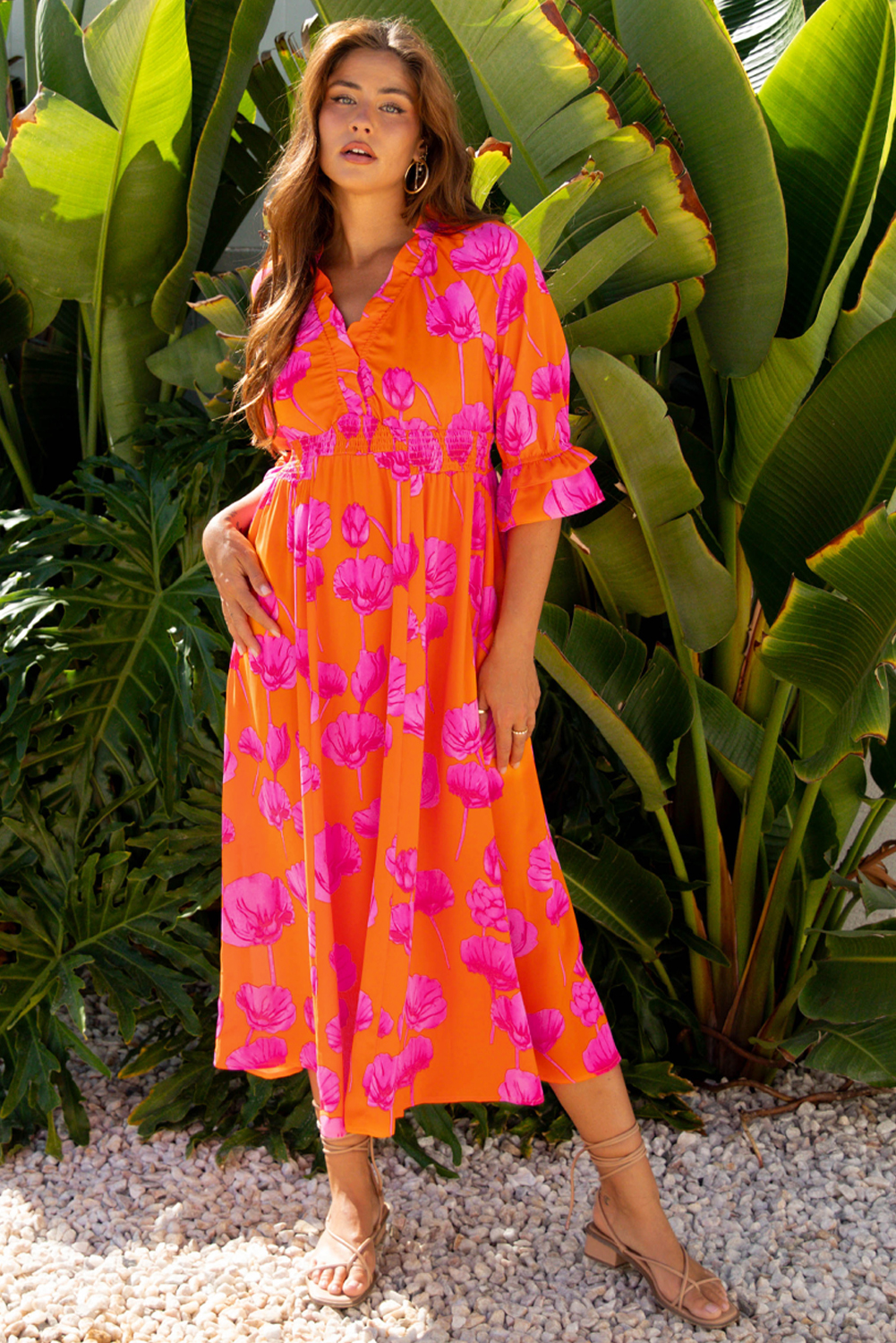 Orange Floral Print Frilly Smocked V Neck 3/4 Sleeve Long Dress - loveforevers