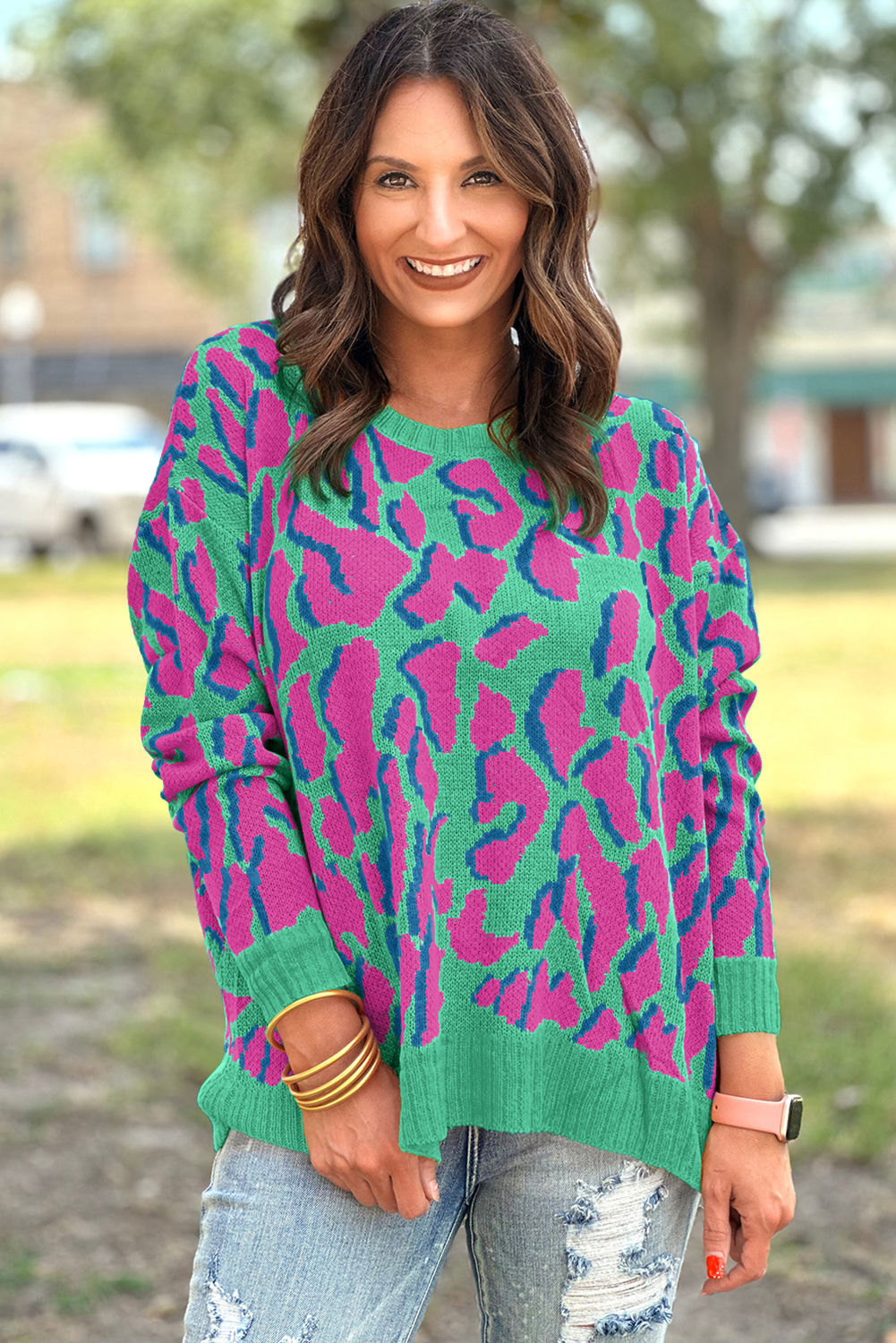 Green Abstract Print Ribbed Trim Baggy Sweater - loveforevers
