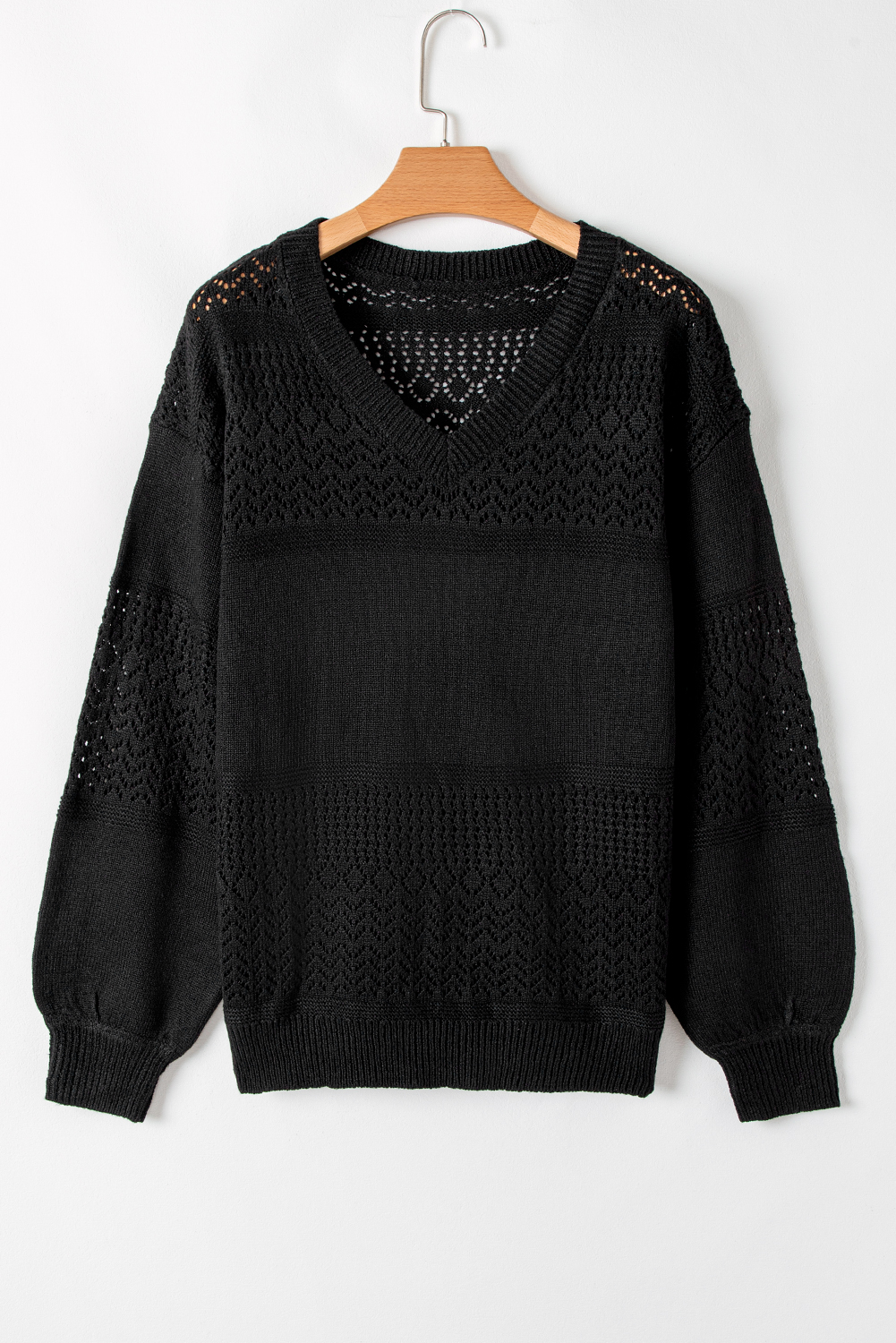 Sky Blue Eyelet Pattern Detail V Neck Drop Shoulder Sweater - loveforevers