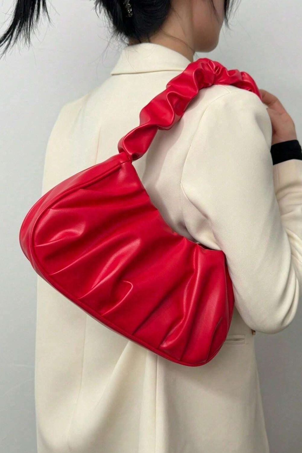 Fiery Red Ruched Faux Leather Shoulder Bag - loveforevers