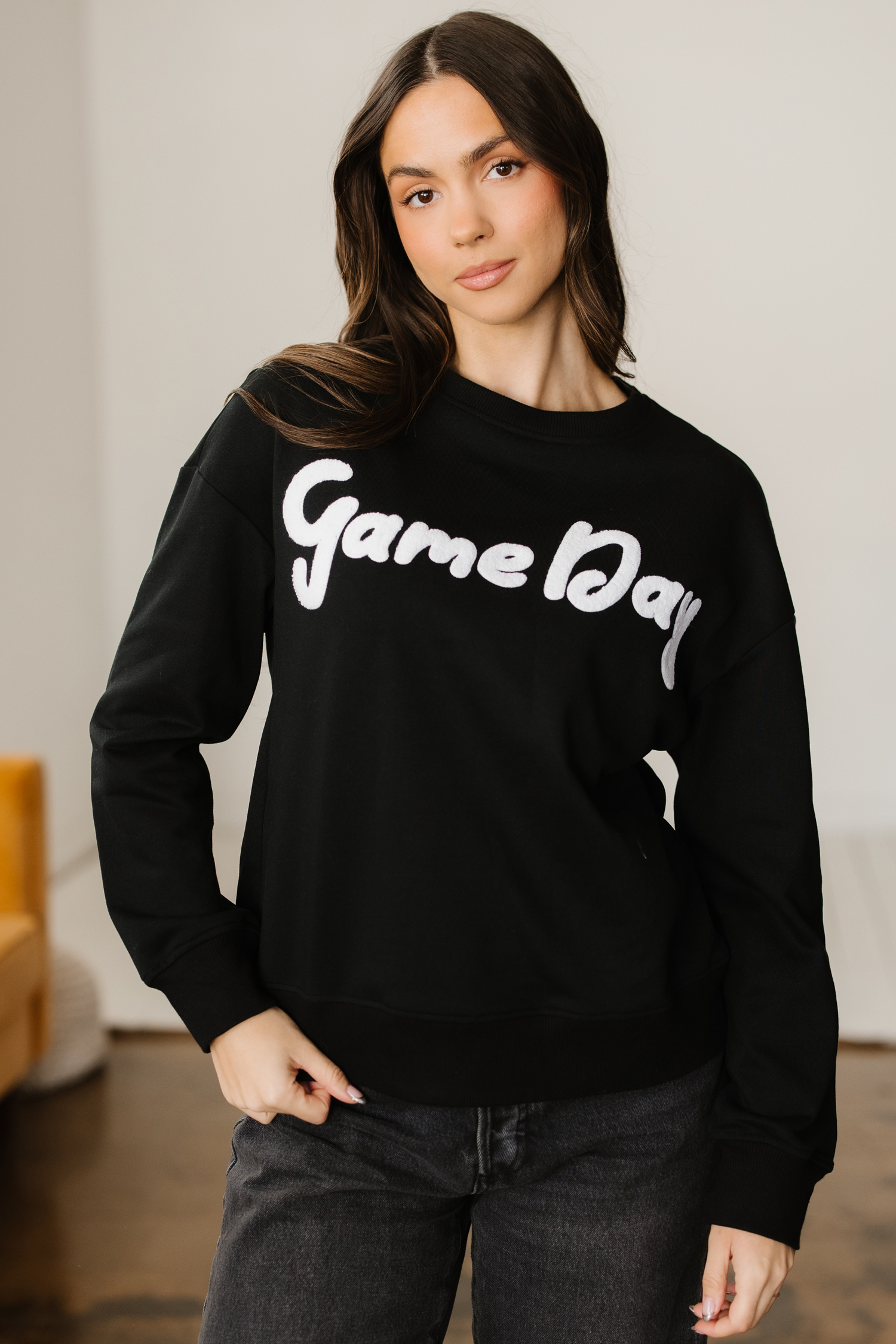 Black Chenille Game Day Graphic Drop Shoulder Sweatshirt - loveforevers