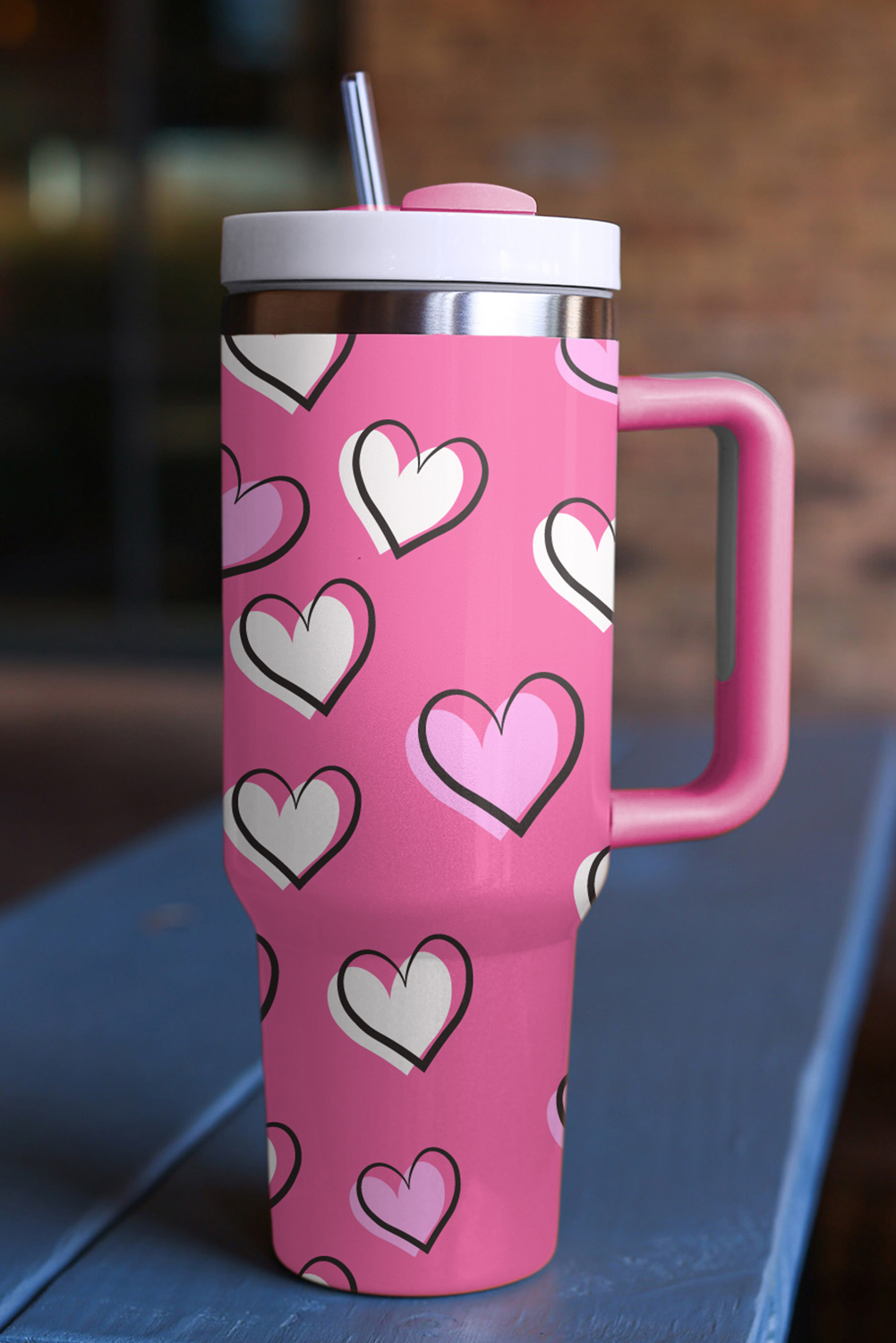 Black Valentines Heart Printed Thermos Cup with Handle 40oz - loveforevers