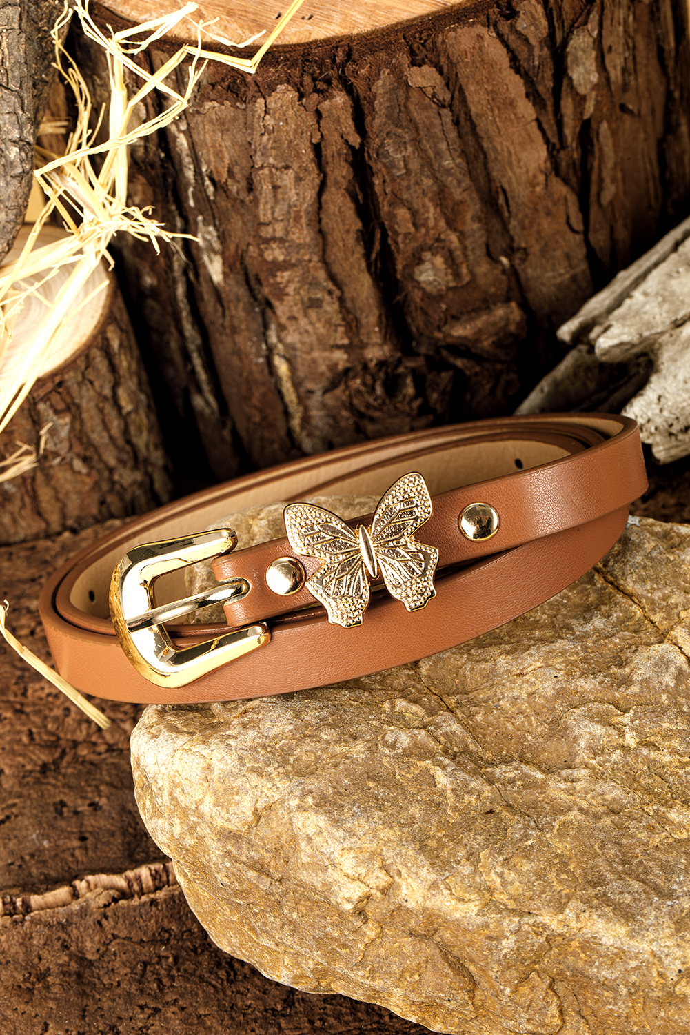 Thai Curry Butterfly Decor Buckle PU Leather Thin Waist Belt - loveforevers