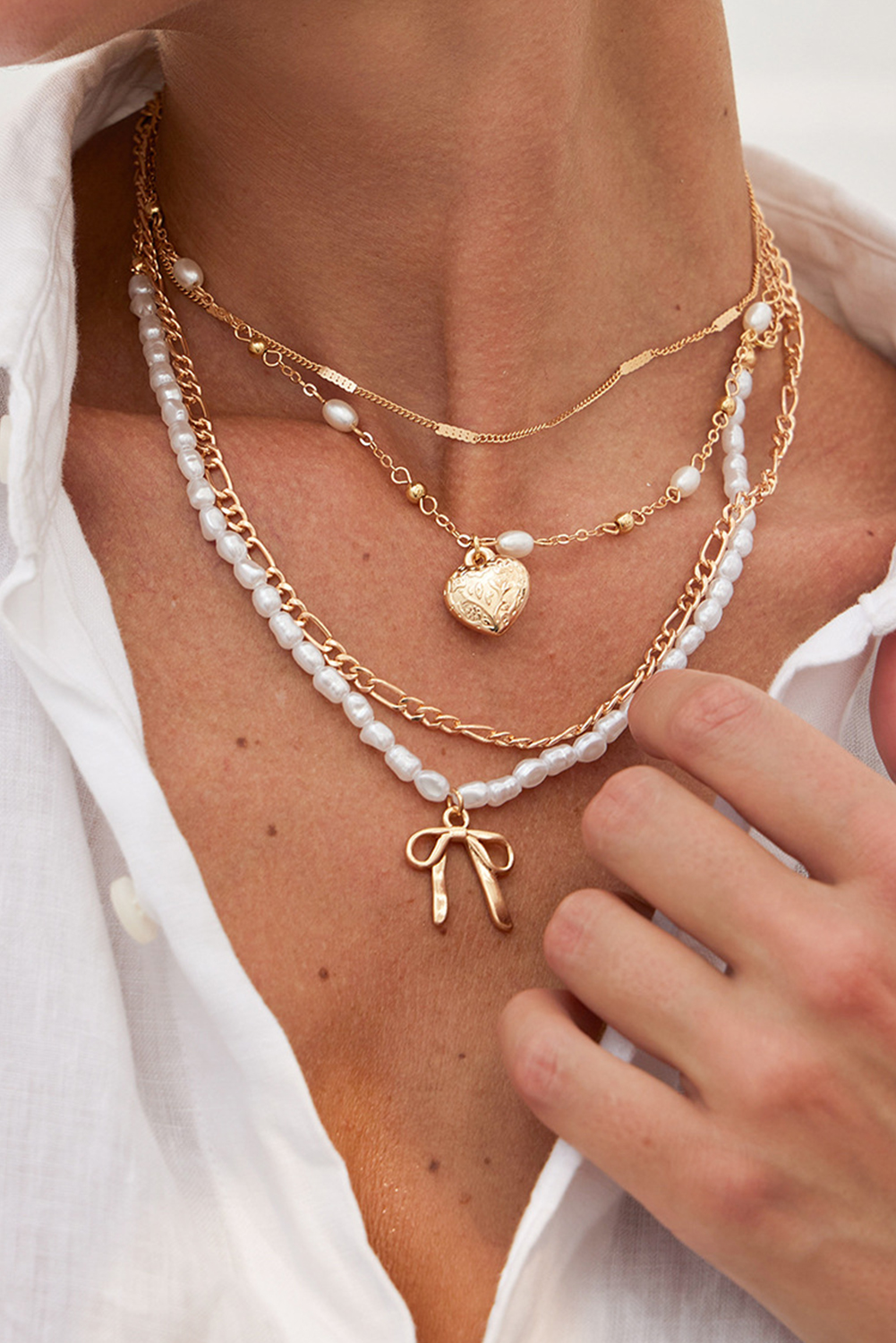 Gold Bow Heart Pendant Pearl Chaining Plated Necklace - loveforevers