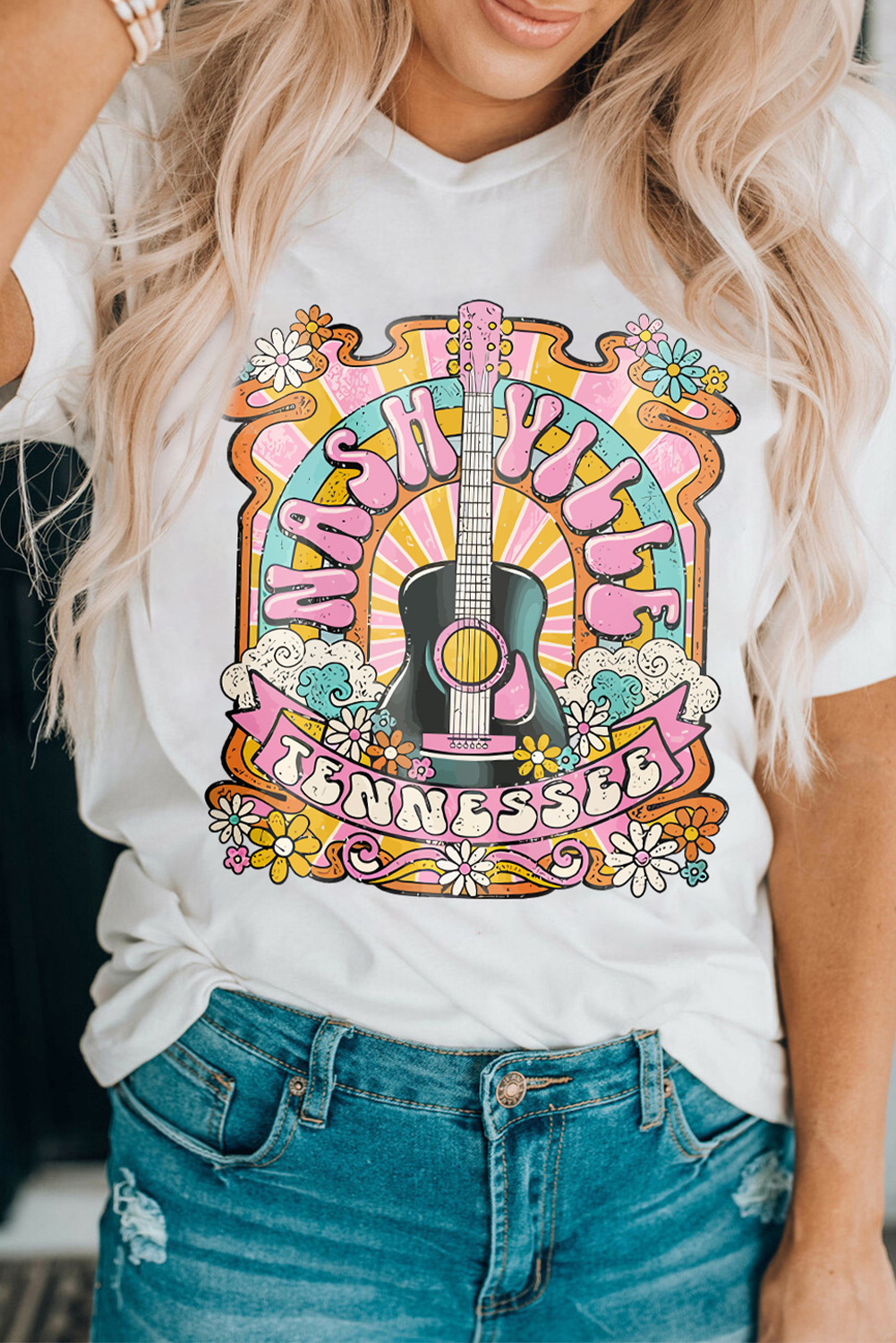 White NASHIVILLE Guitar Graphic Country Music T Shirt - loveforevers