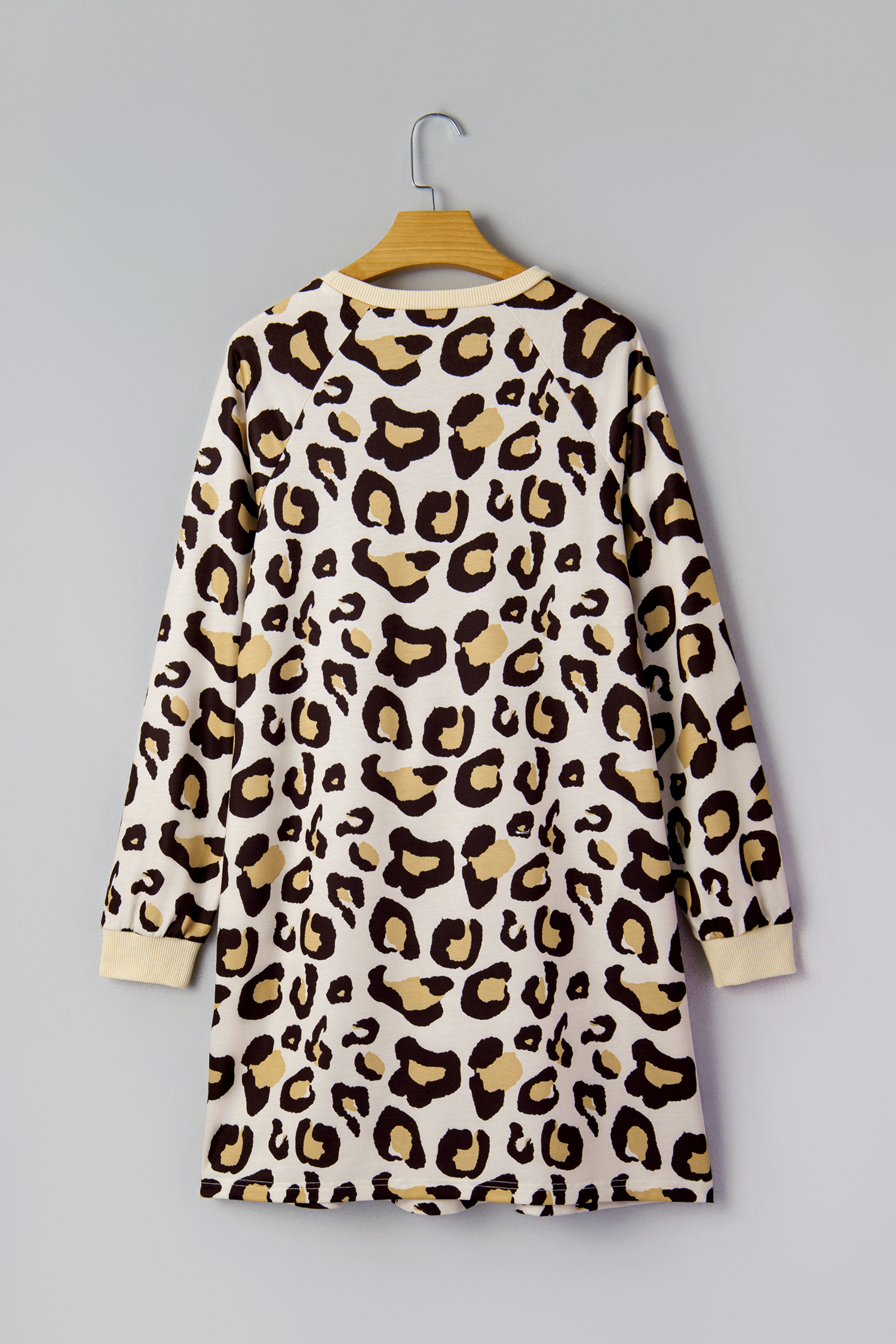 Khaki Leopard Long Sleeve Shift T Shirt Dress with Pockets - loveforevers